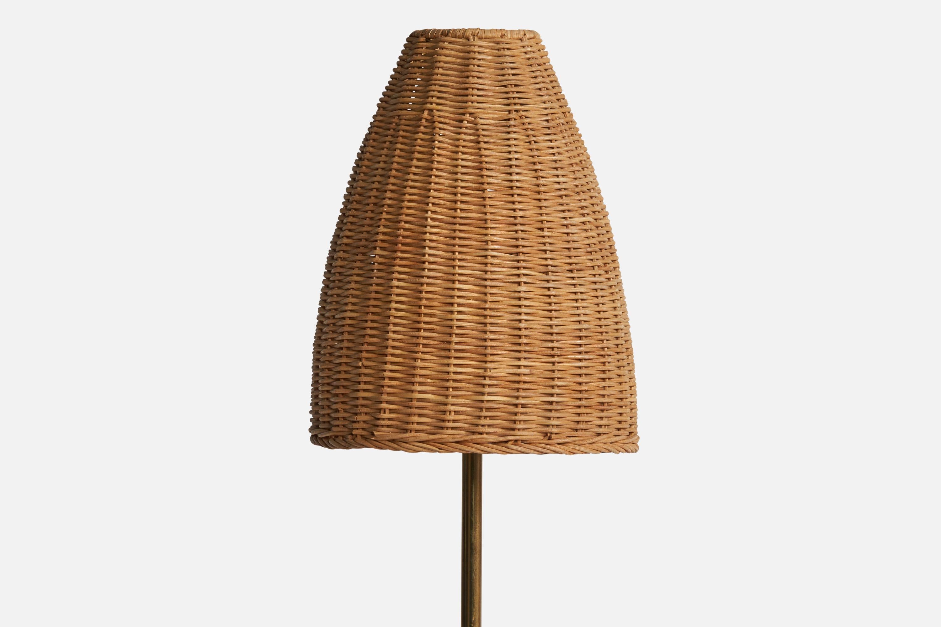 Mid-Century Modern Bergboms, Floor Lamp, Brass, Rattan, Sweden, 1960s For Sale