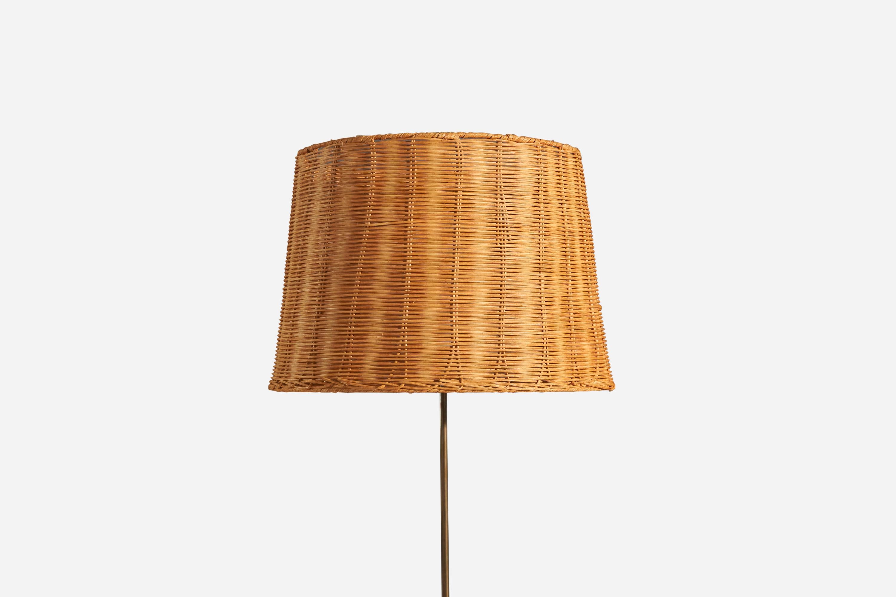 Swedish Bergboms, Floor Lamp, Brass, Stained Oak, Rattan, Sweden, 1950s For Sale