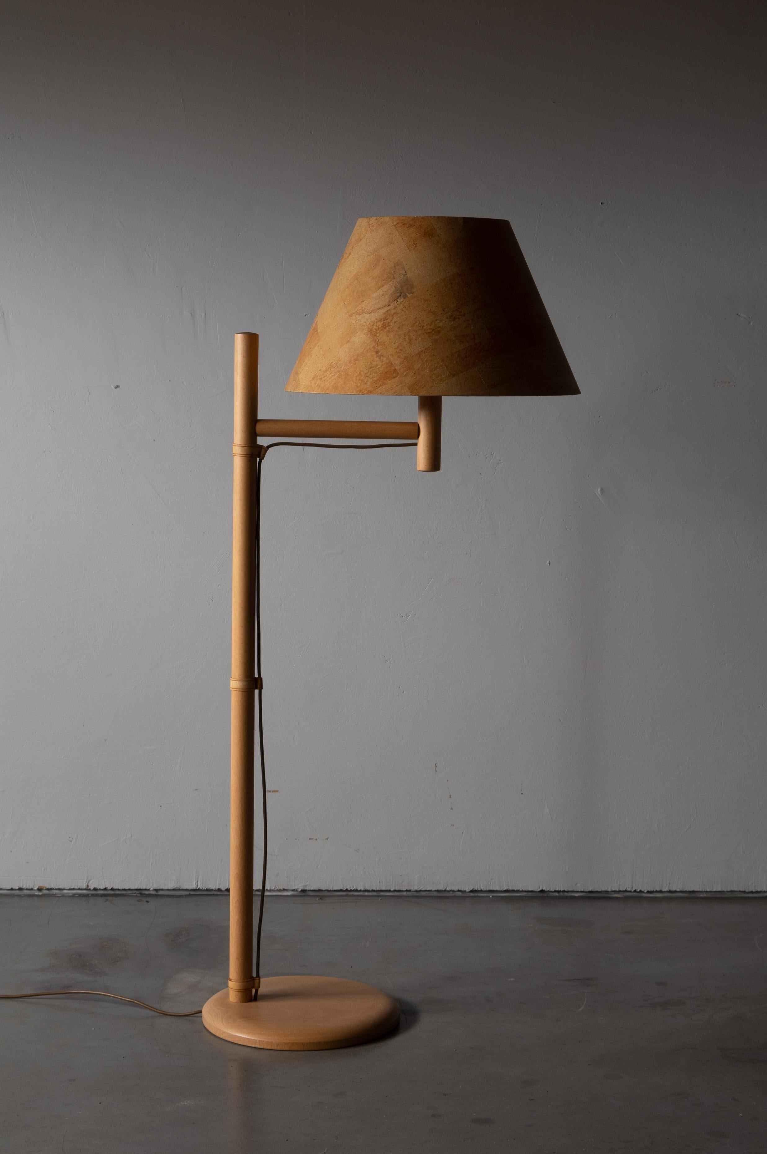 Mid-Century Modern Bergboms, Floor Lamp, Oak, Leather Faux Cork veneer, Sweden, 1970s