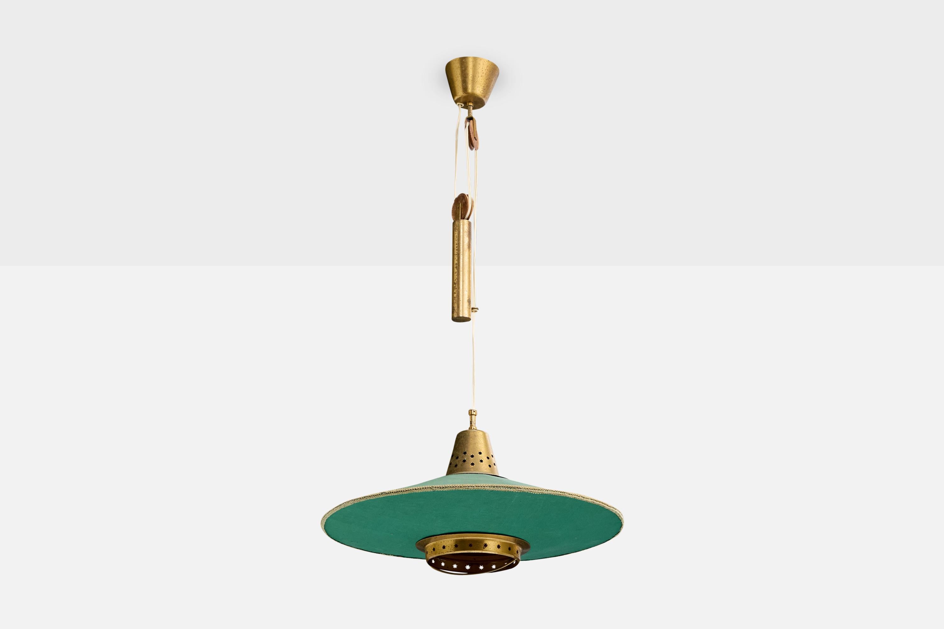 Suspension réglable en laiton, tissu vert et bois produite par Bergboms, Suède, c. 1950.

Chute réglable, mesurée comme indiqué. Tissu Vintage en bon état.

Dimensions globales (pouces) : 37.0 