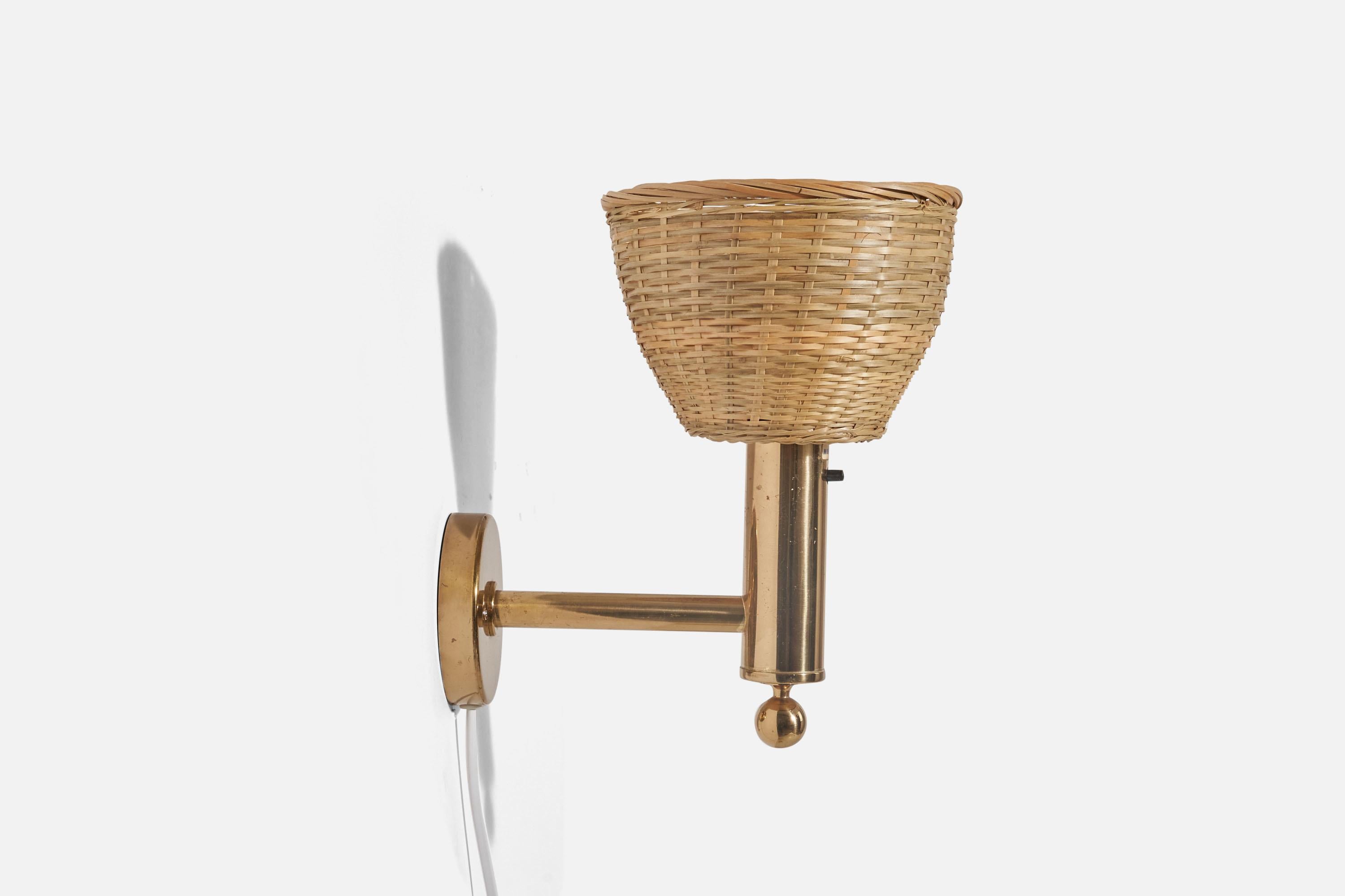 Bergboms, Sconce, Brass, Rattan, Sweden, C. 1970s In Good Condition For Sale In High Point, NC