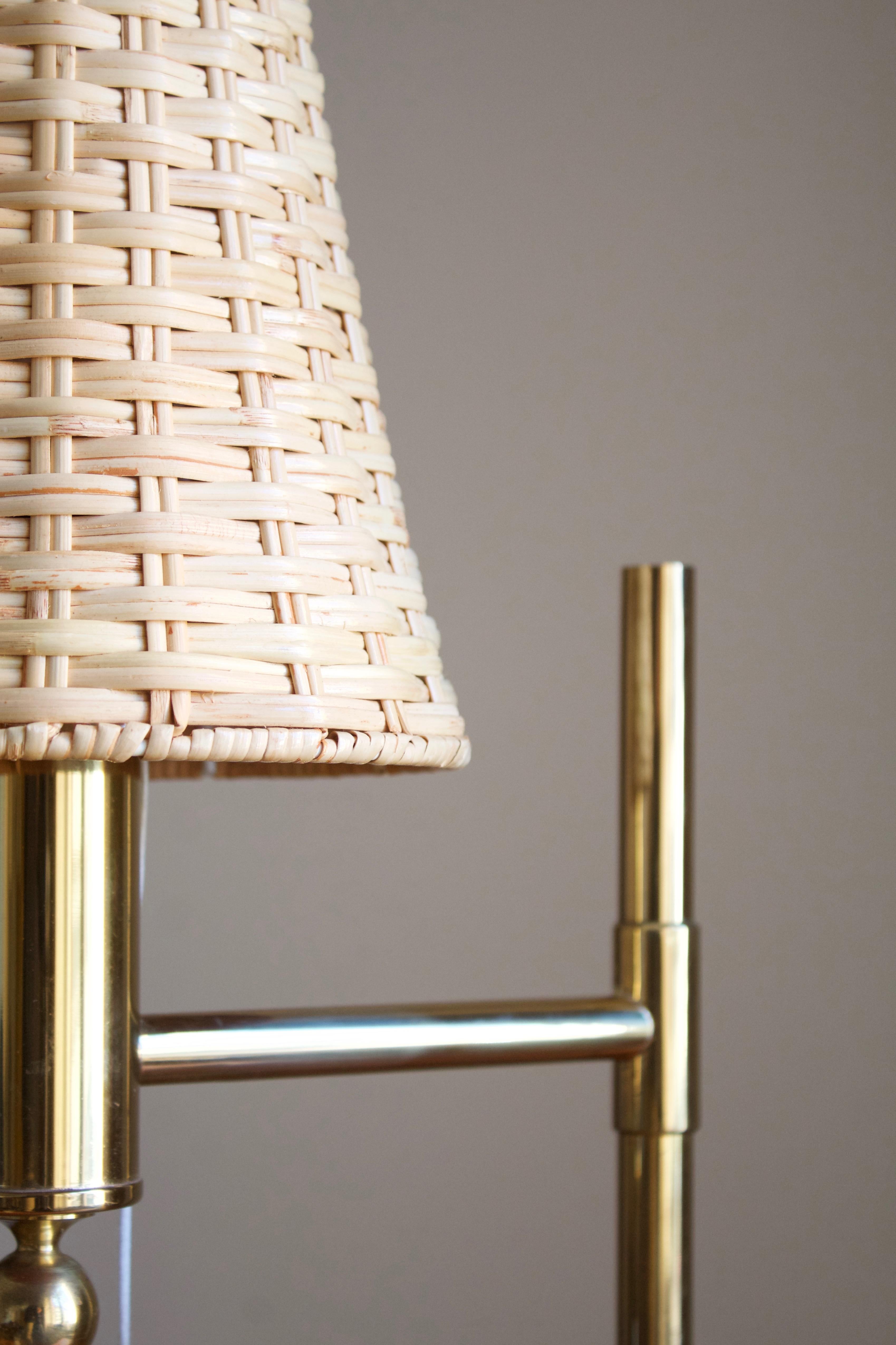 Bergboms, Sizable Table Lamp, Brass, Rattan, Sweden, 1970s In Good Condition For Sale In High Point, NC