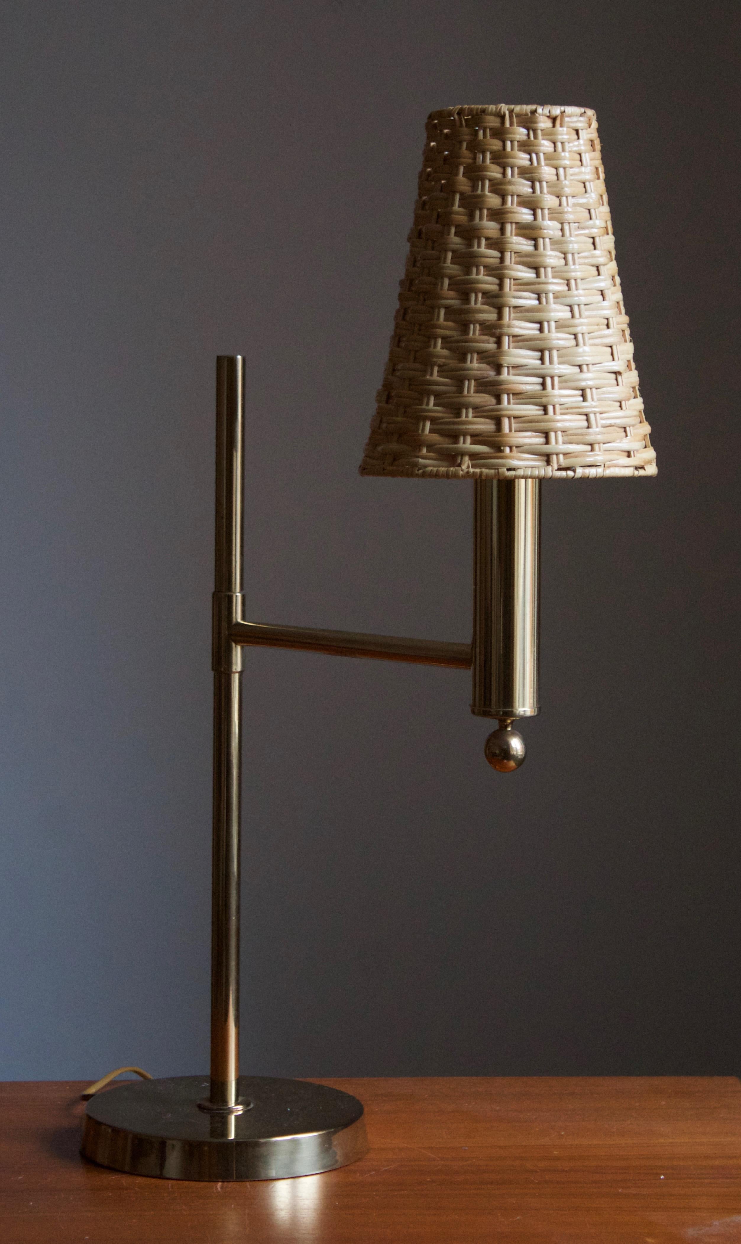 Bergboms, Sizable Table Lamp, Brass, Rattan, Sweden, 1970s In Good Condition In High Point, NC