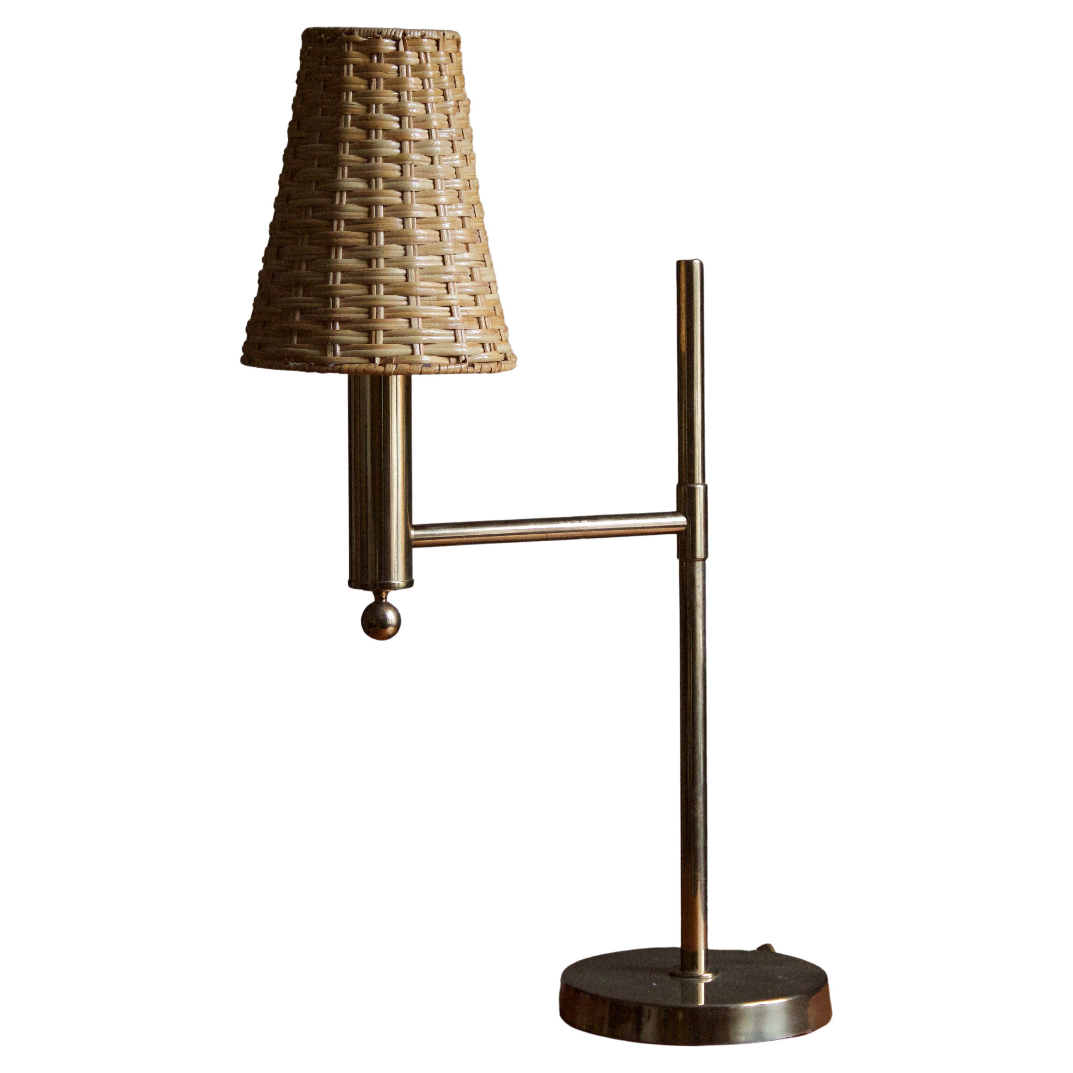 Bergboms, Sizable Table Lamp, Brass, Rattan, Sweden, 1970s