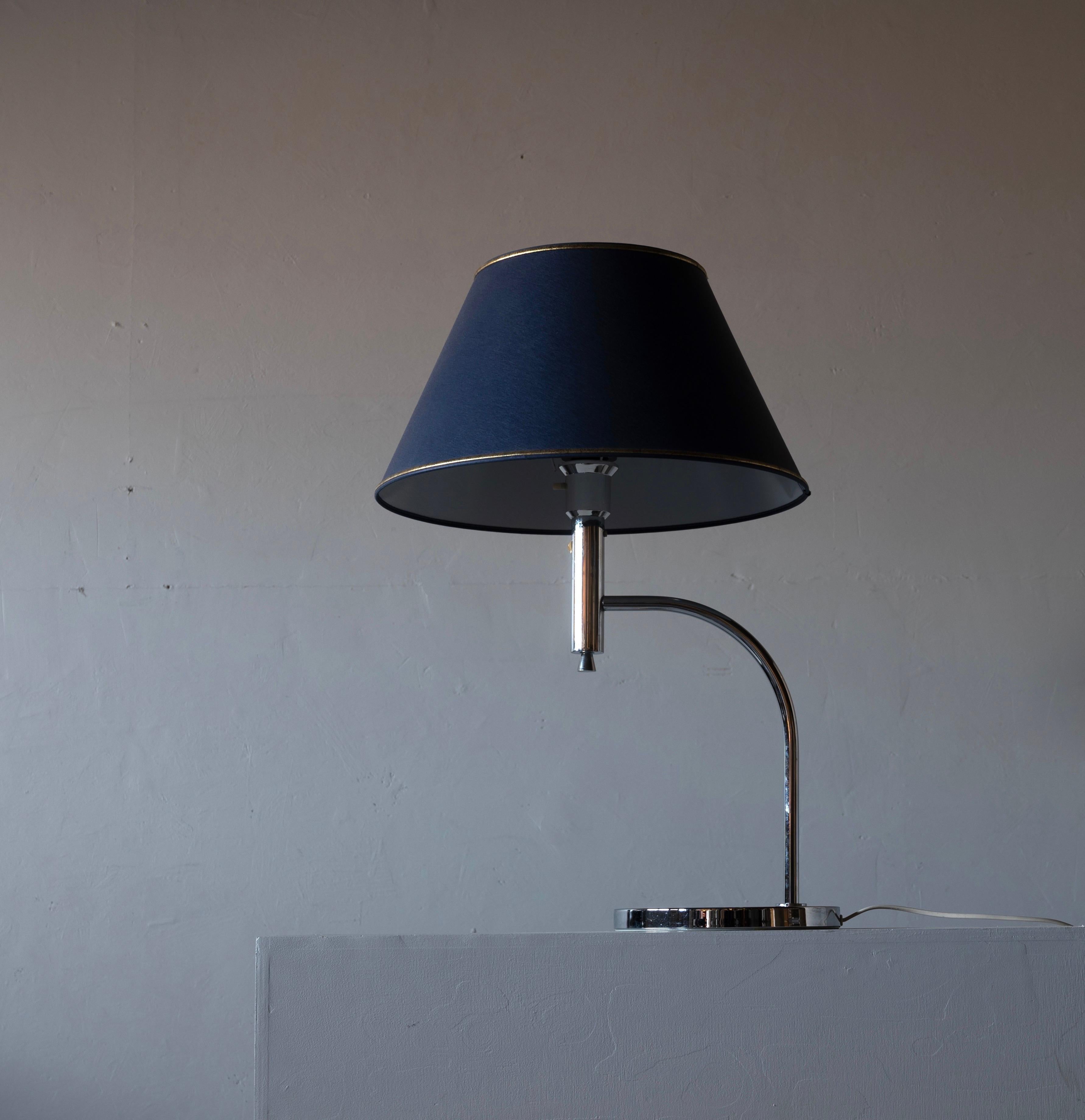 Swedish Bergboms, Sizable Table Lamp, Chrome-Plated Metal, Blue Paper, Sweden, 1970s