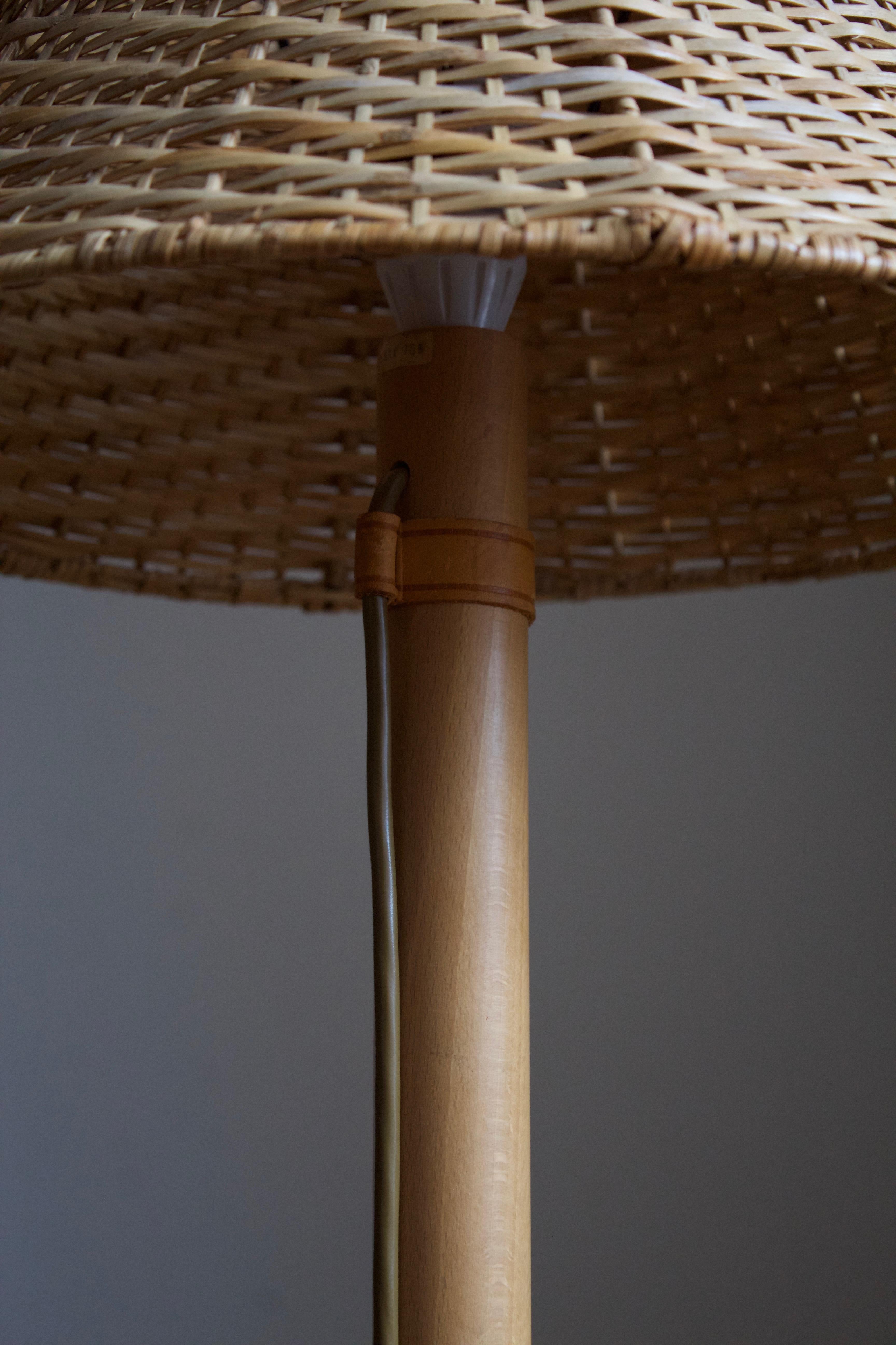 Bergboms, Sizable Table Lamp, Oak, Leather, Rattan, Sweden, c. 1970s In Good Condition In High Point, NC