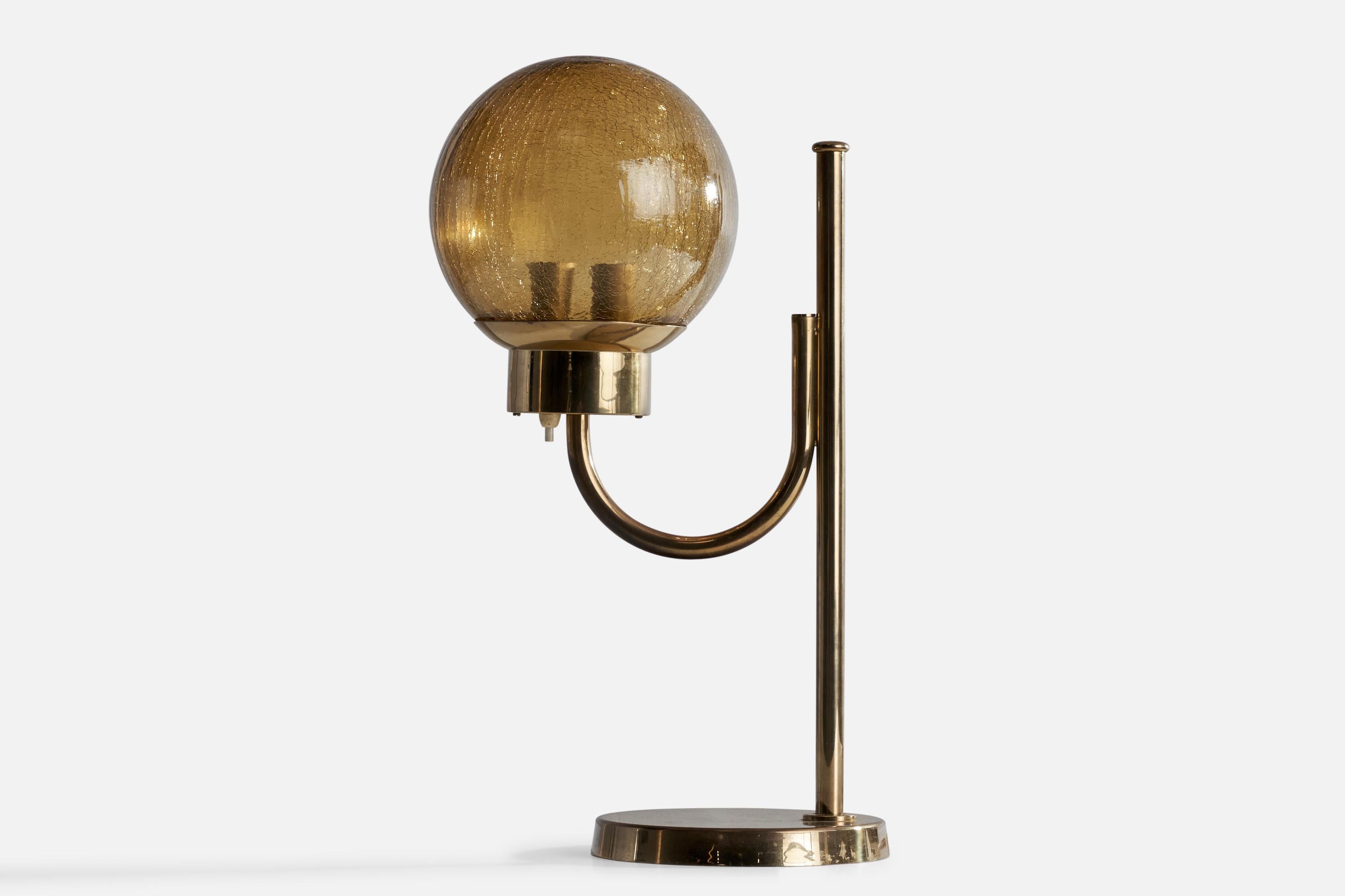 A brass and amber-colored blown glass table lamp designed and produced by Bergboms, Sweden, c. 1960s.

Overall Dimensions (inches): 17.72” H x 7.5” W x 11.25” D
Stated dimensions include shade.
Bulb Specifications: E-26 Bulb
Number of Sockets: 2
All