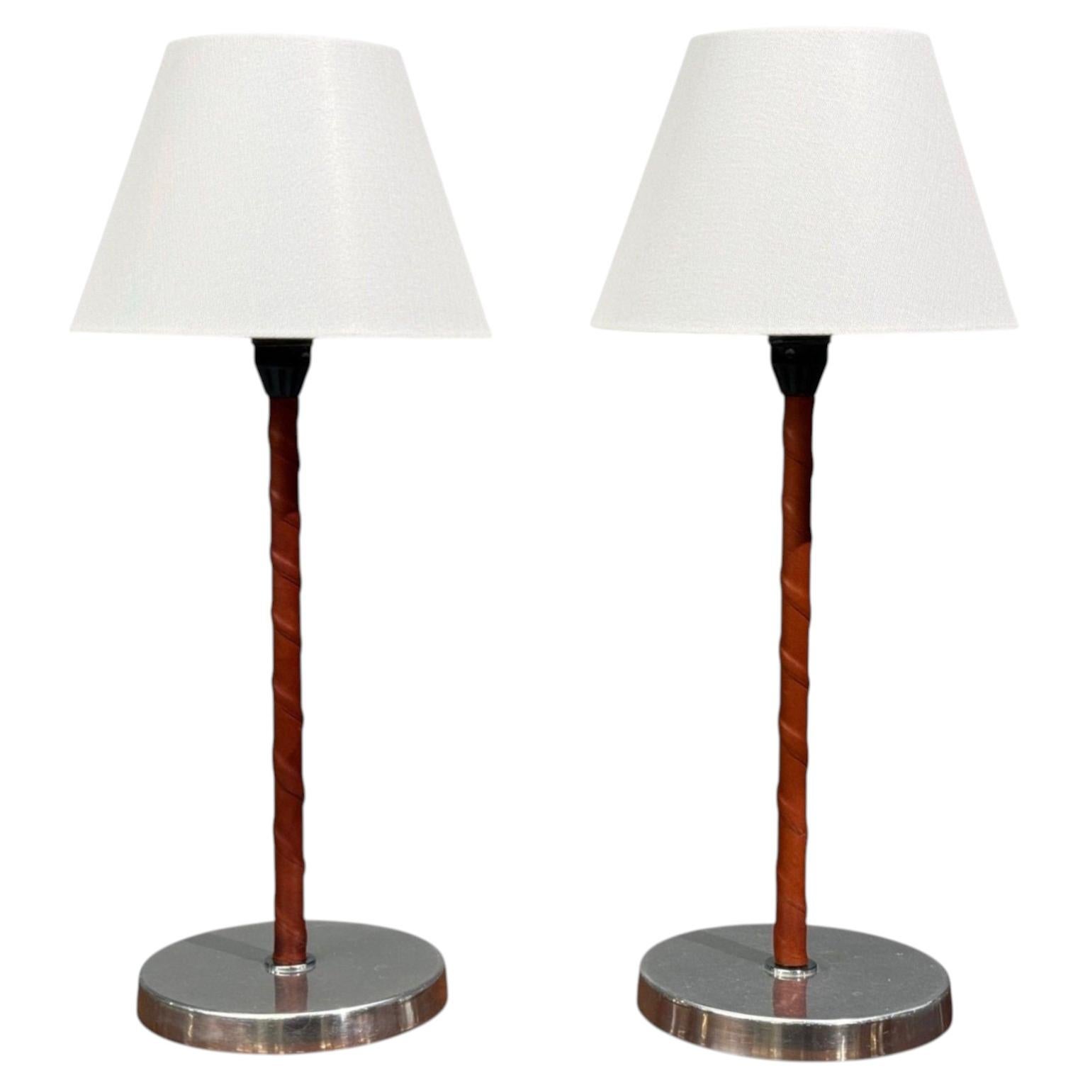 Bergboms, Table Lamps, Leather, Nickel Plated, Sweden, 1960s