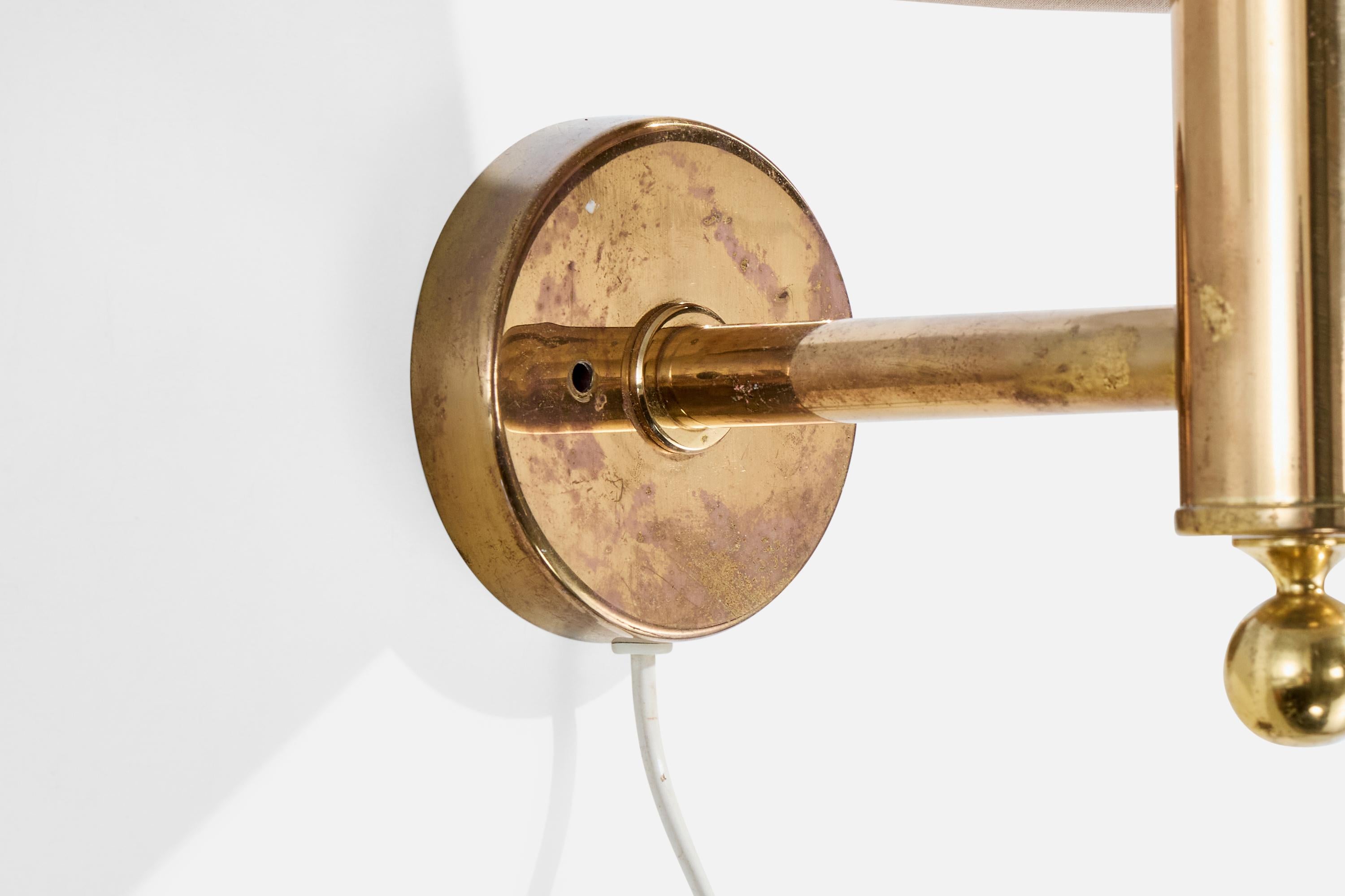 Swedish Bergboms, Wall Light, Brass, Fabric, Sweden, 1970s For Sale