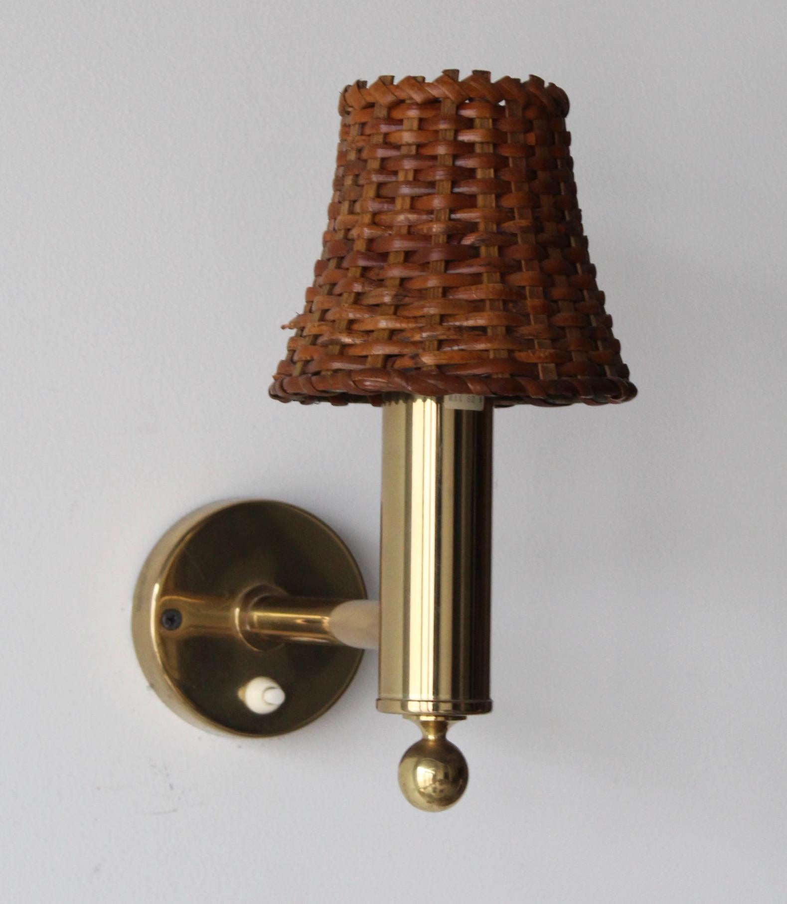 Swedish Bergboms, Wall Light, Brass, Rattan, Sweden, 1970s