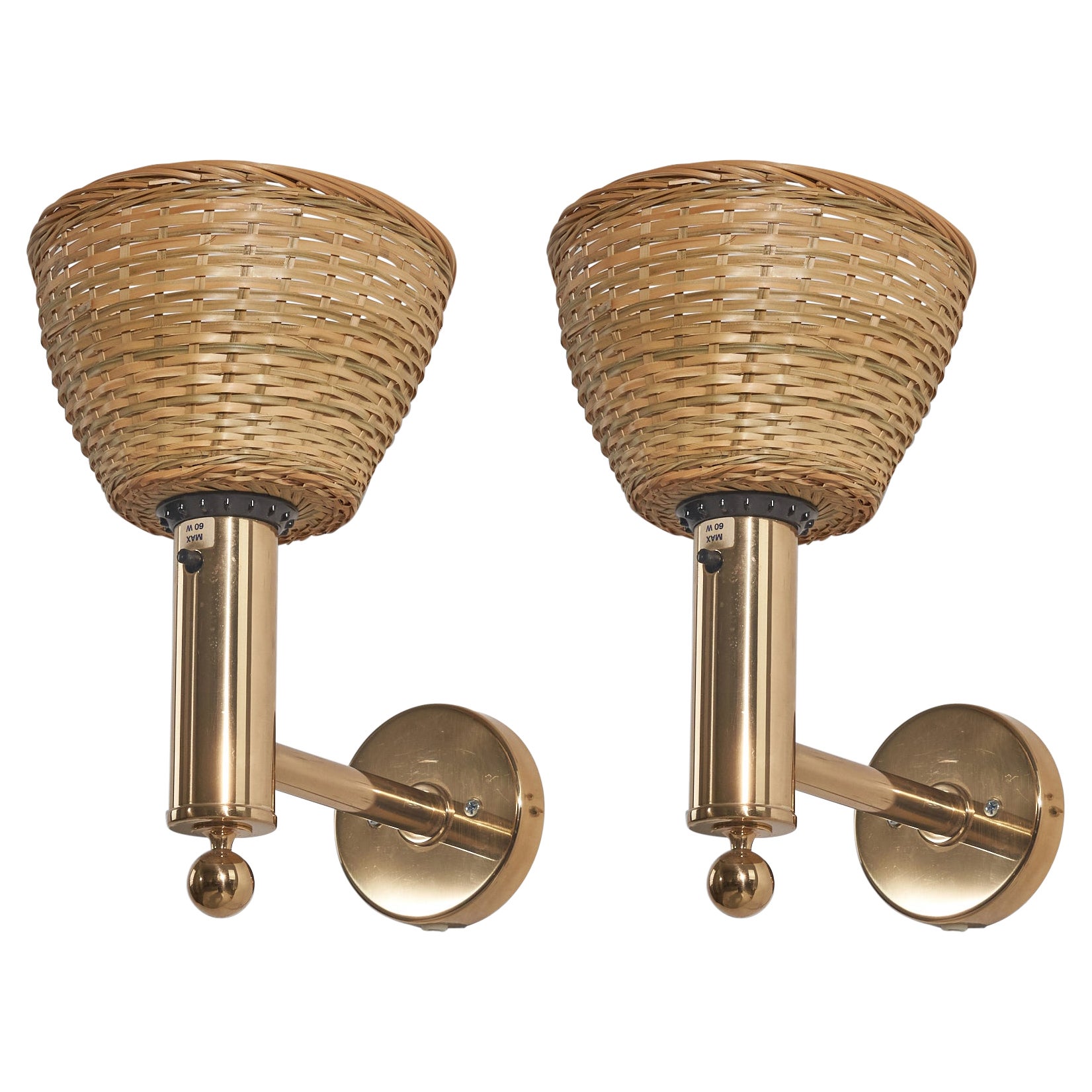 Bergboms, Wall Lights, Brass, Rattan, Sweden, 1970s