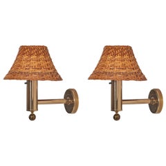 Bergboms, Wall Lights, Brass, Rattan, Sweden, 1970s