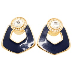 Bergdorf Goodman 80s Vintage Blue Enamel and Crystal Earrings for Pierced Ears
