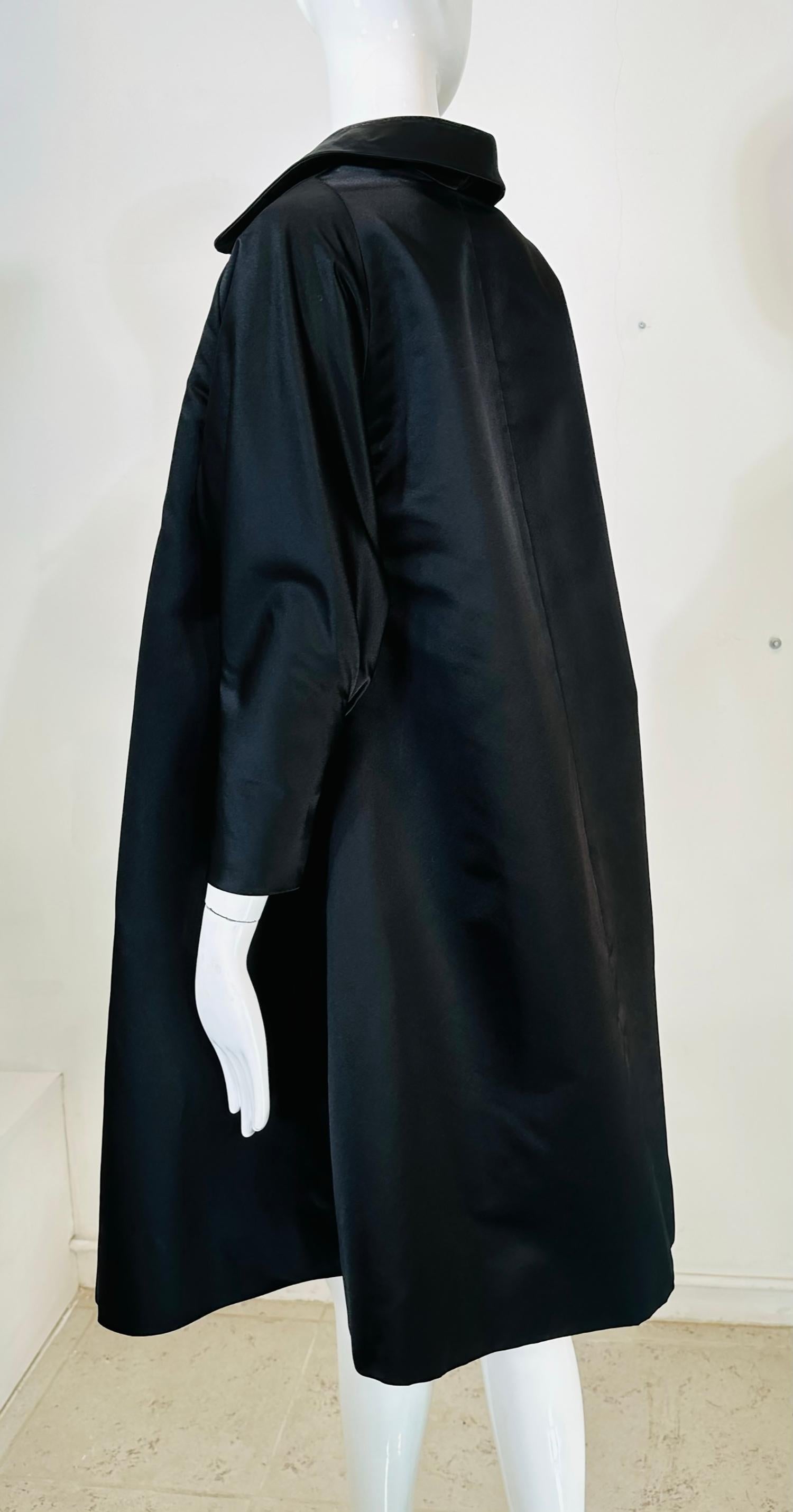Women's Bergdorf Goodman Demi Couture Trapeze Black Silk Satin Evening Coat 1950s For Sale