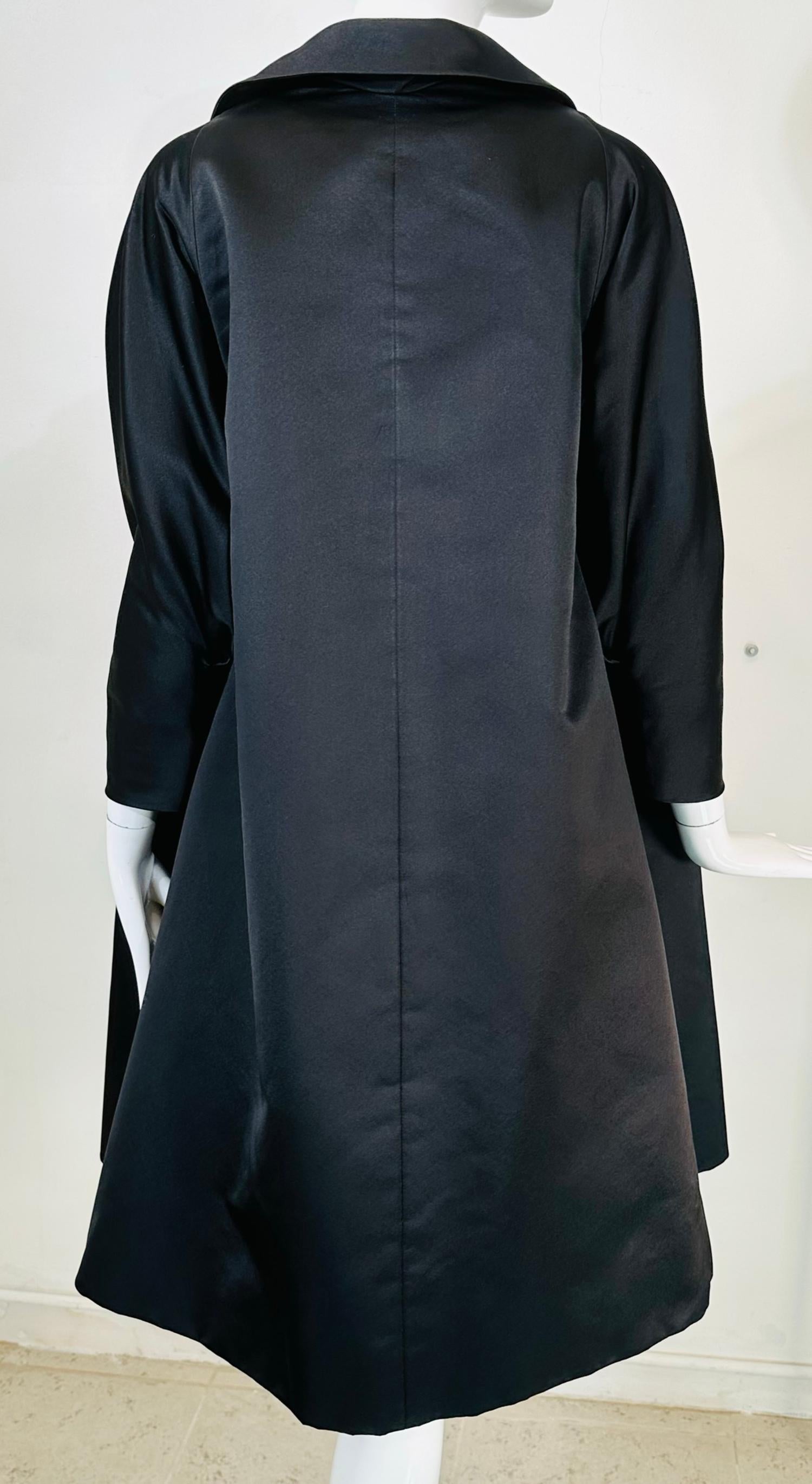 Bergdorf Goodman Demi Couture Trapeze Black Silk Satin Evening Coat 1950s For Sale 1