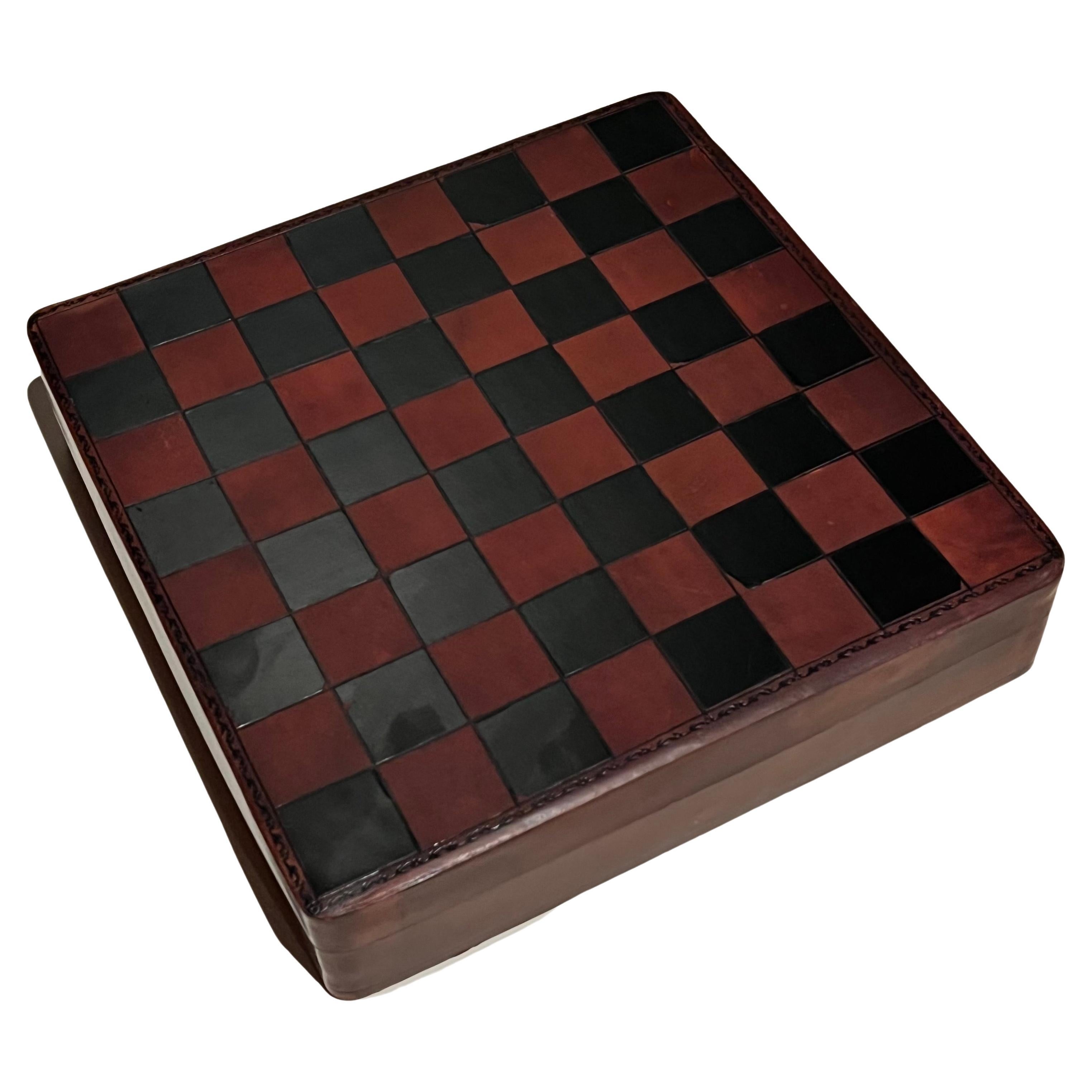 Mid-Century Modern Bergdorf Goodman Italian Lidded Leather Chess Checker Board Box with Storage