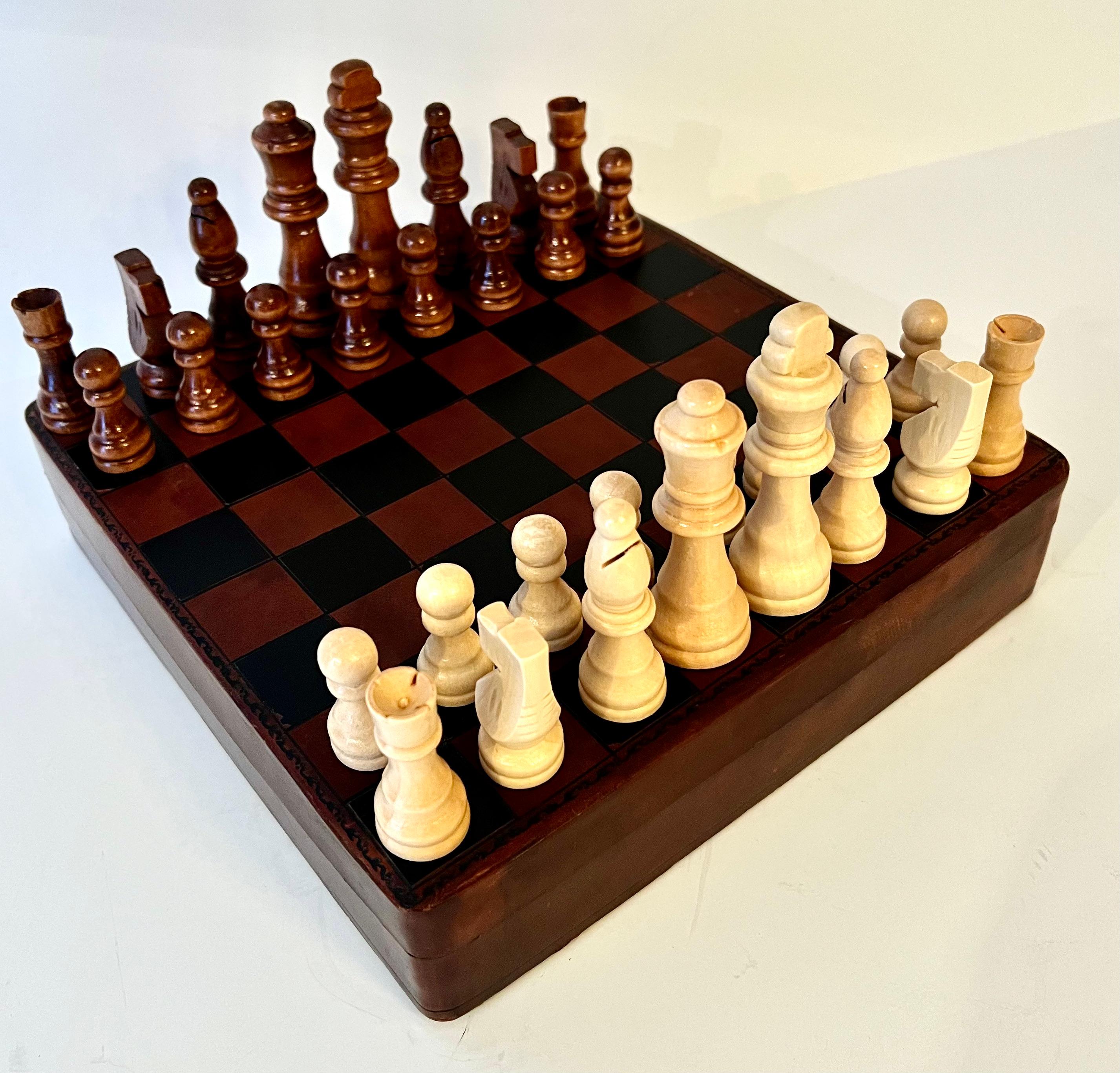Bergdorf Goodman Italian Lidded Leather Chess Checker Board Box with Storage