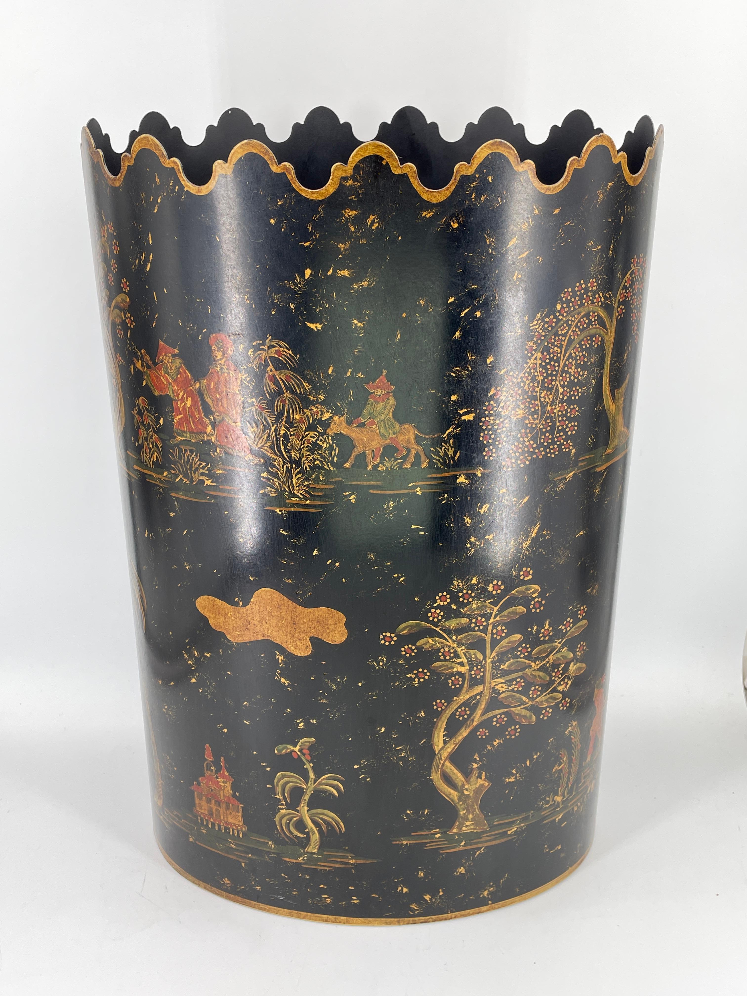 Bergdorf Goodman Italian Painted Trash Can Maximalist Chinoiserie Vintage For Sale 3