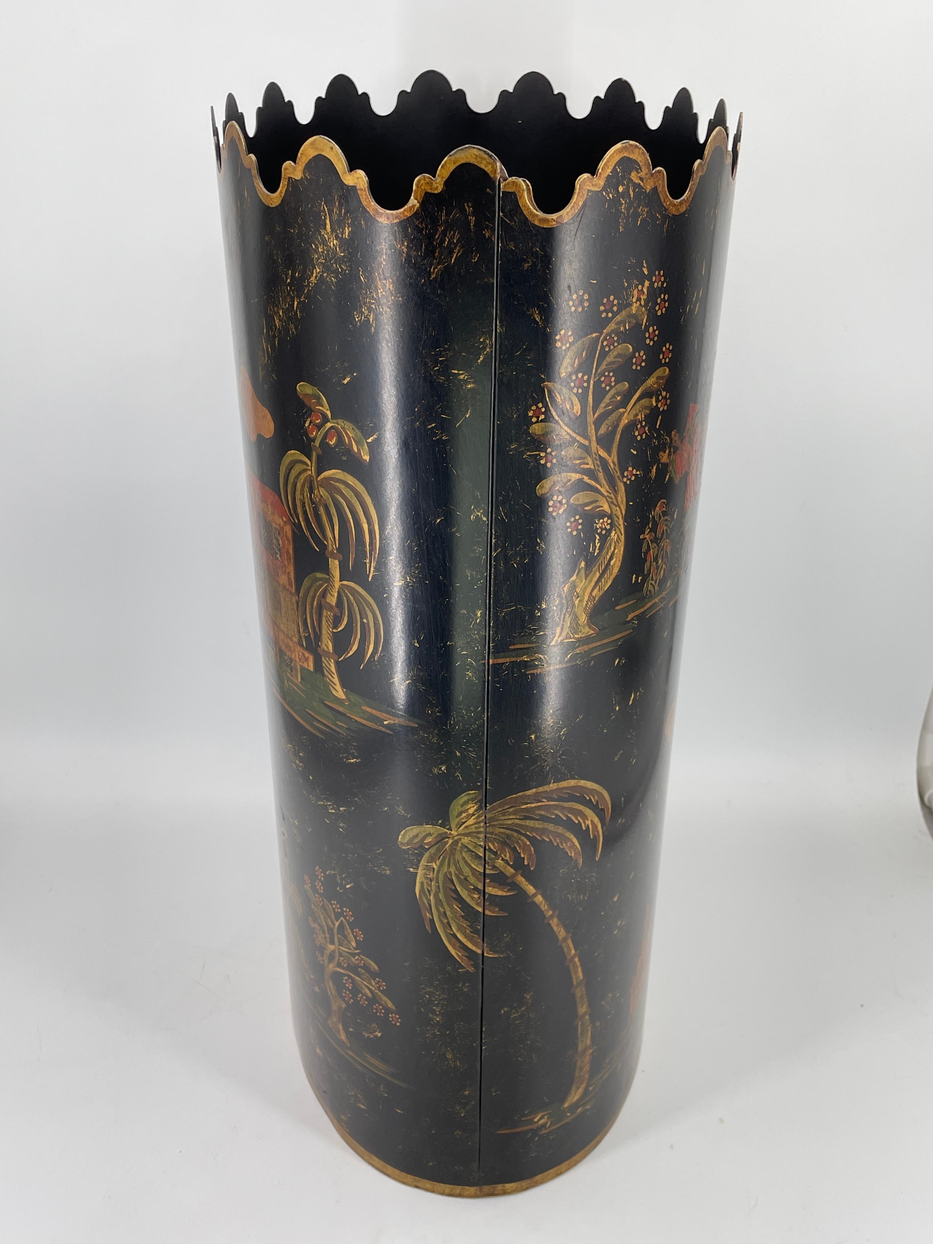 Bergdorf Goodman Italian Painted Trash Can Maximalist Chinoiserie Vintage For Sale 4