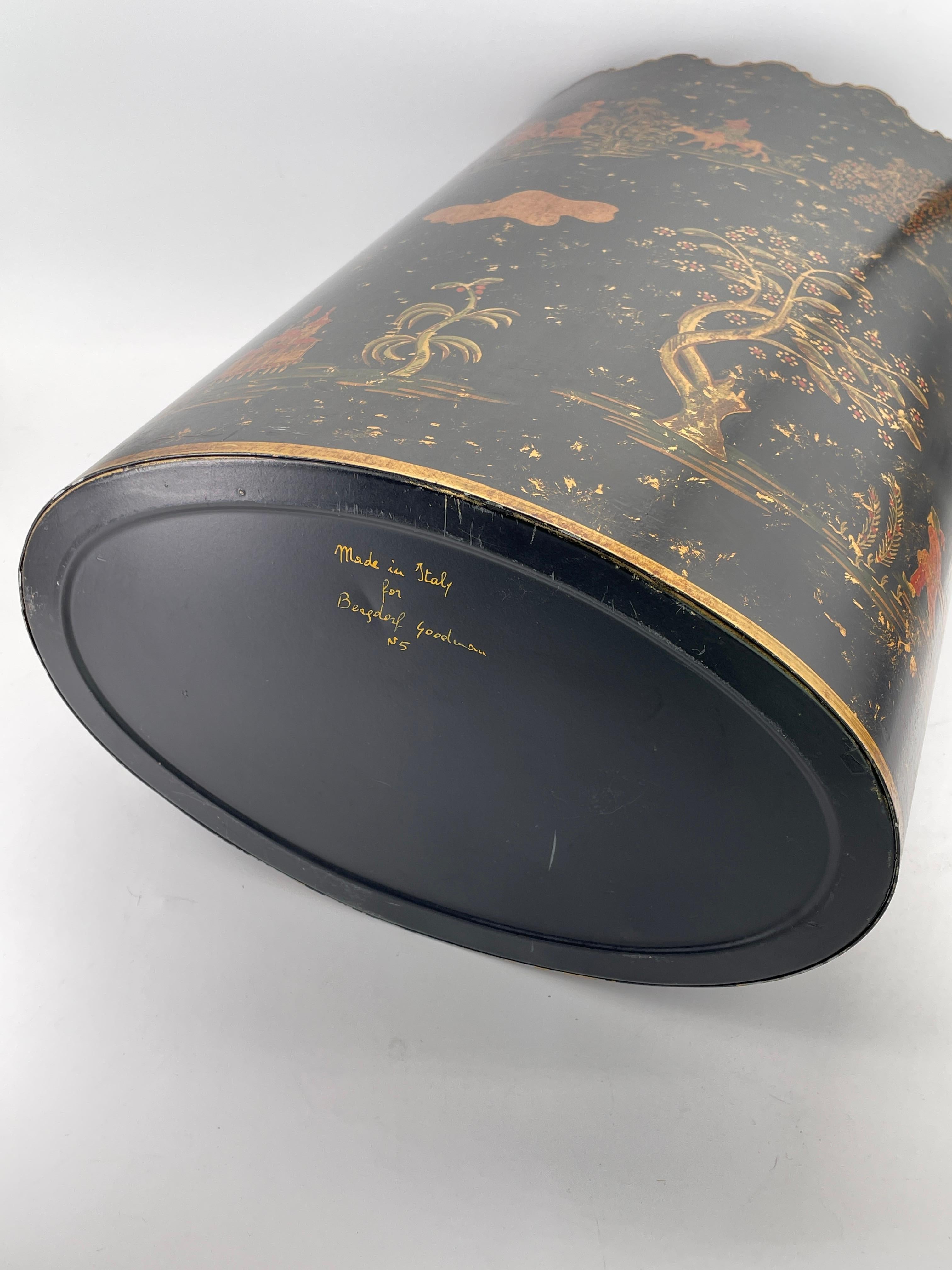 Bergdorf Goodman Italian Painted Trash Can Maximalist Chinoiserie Vintage For Sale 10