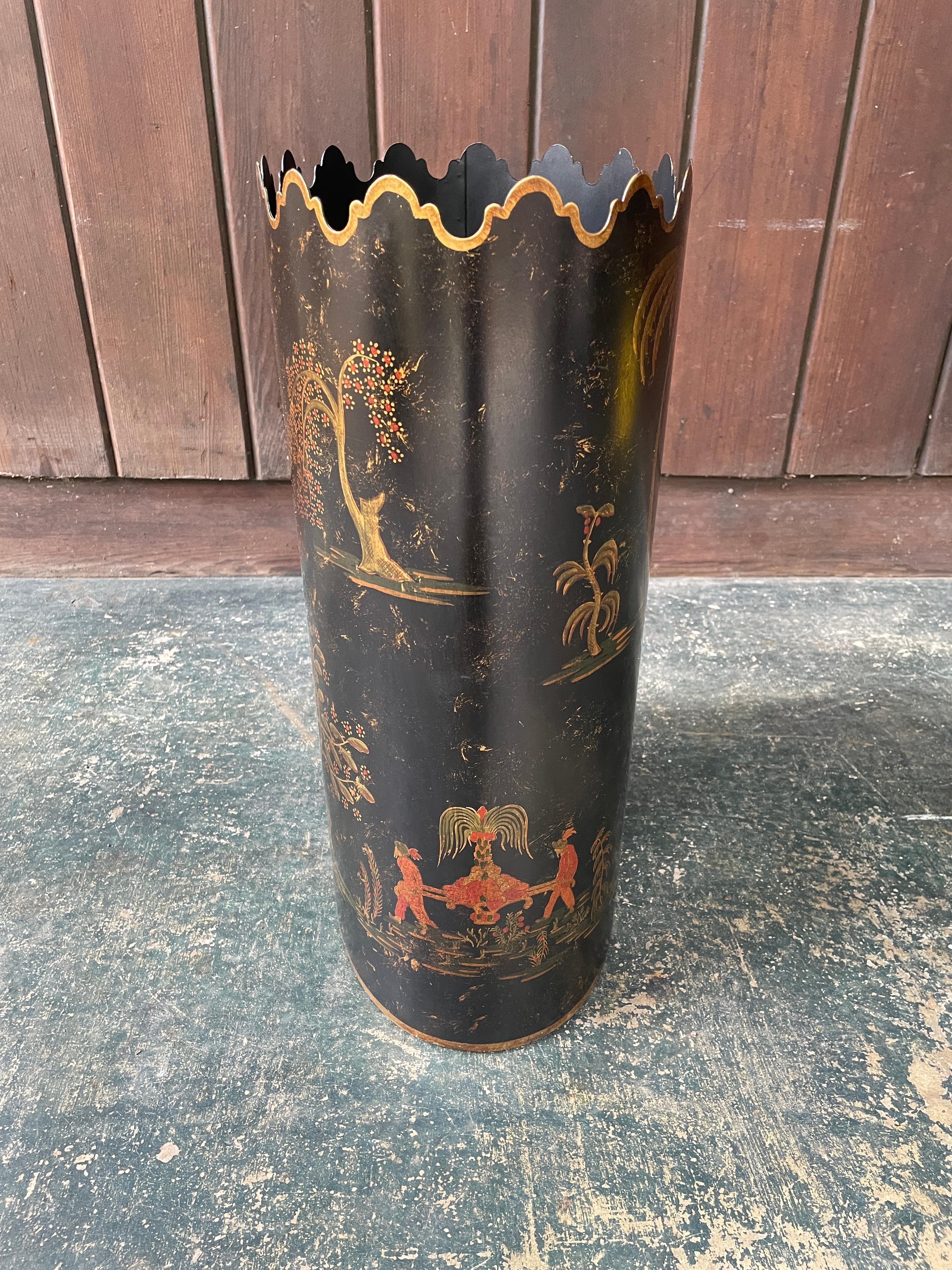 Mid-Century Modern Bergdorf Goodman Italian Painted Trash Can Maximalist Chinoiserie Vintage For Sale
