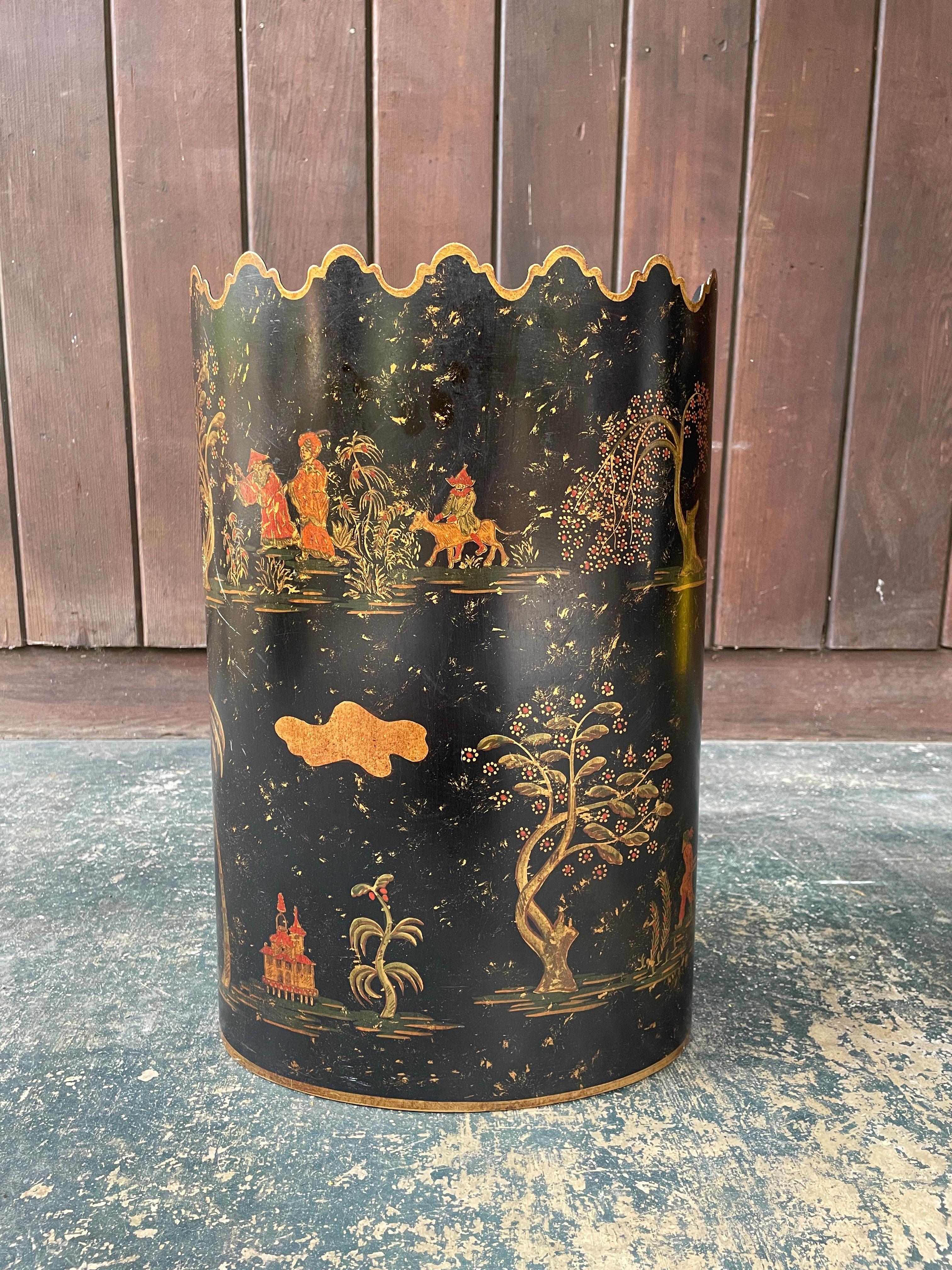 Hand-Painted Bergdorf Goodman Italian Painted Trash Can Maximalist Chinoiserie Vintage For Sale