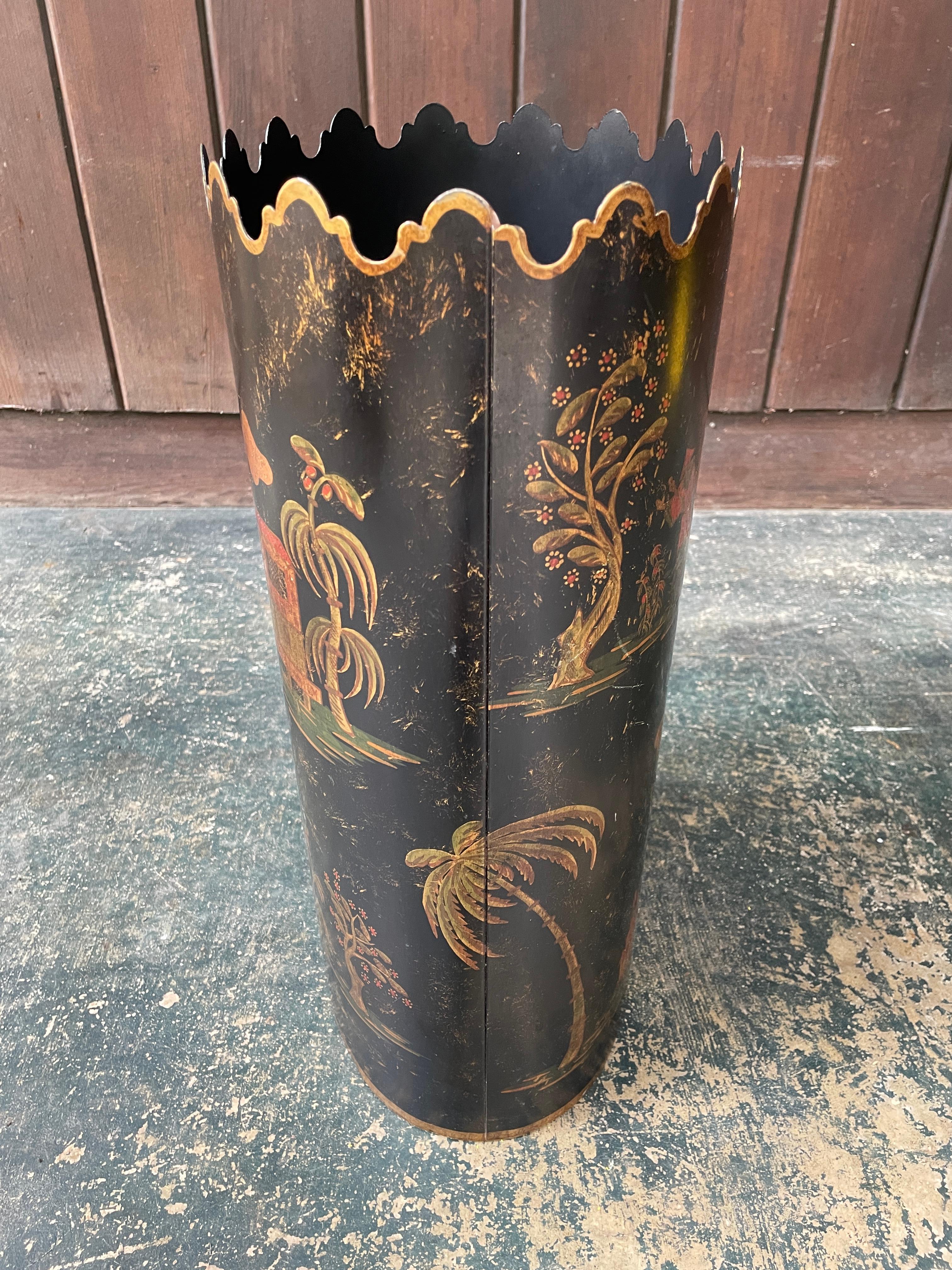 Mid-20th Century Bergdorf Goodman Italian Painted Trash Can Maximalist Chinoiserie Vintage For Sale