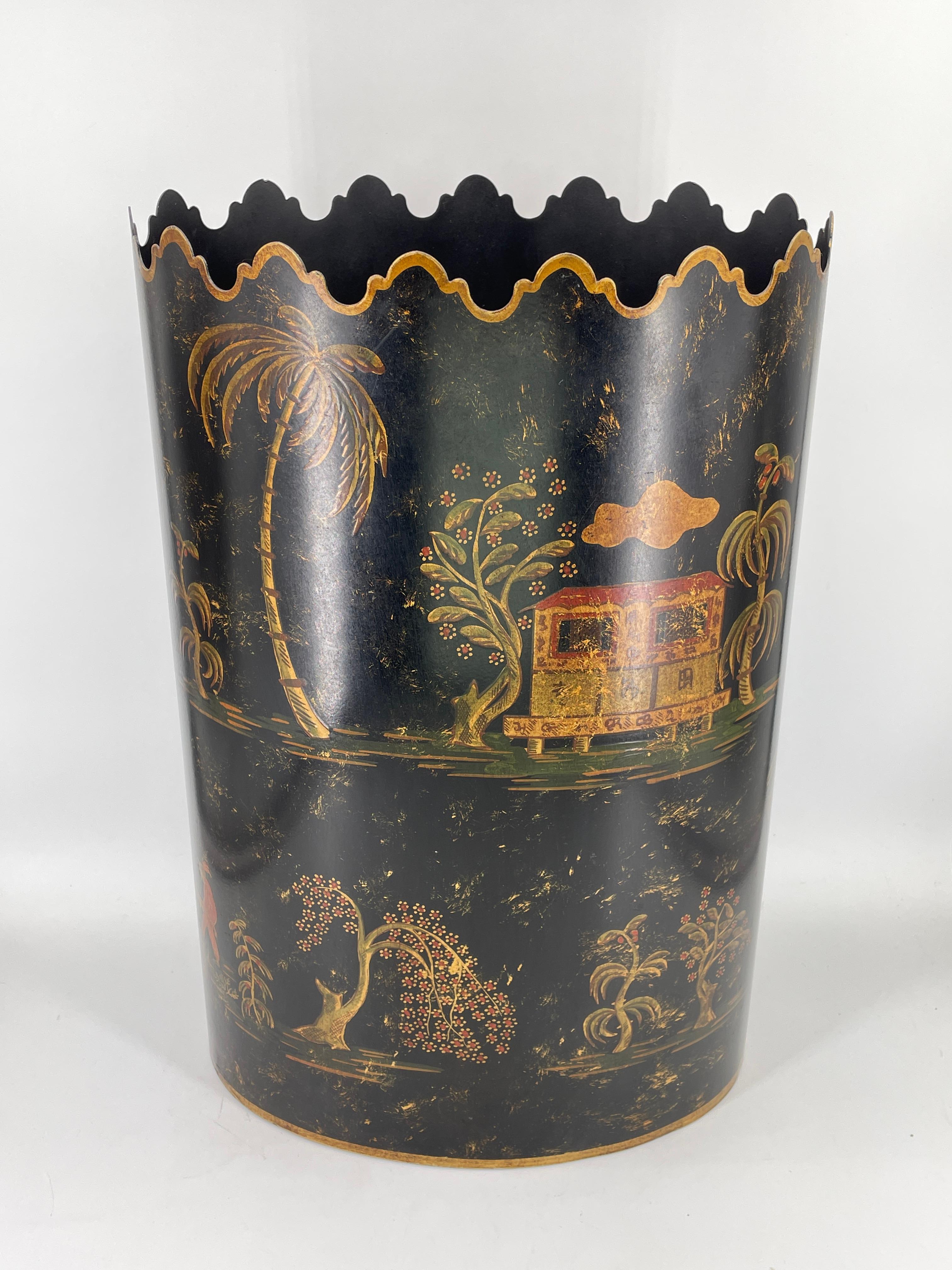 Metal Bergdorf Goodman Italian Painted Trash Can Maximalist Chinoiserie Vintage For Sale