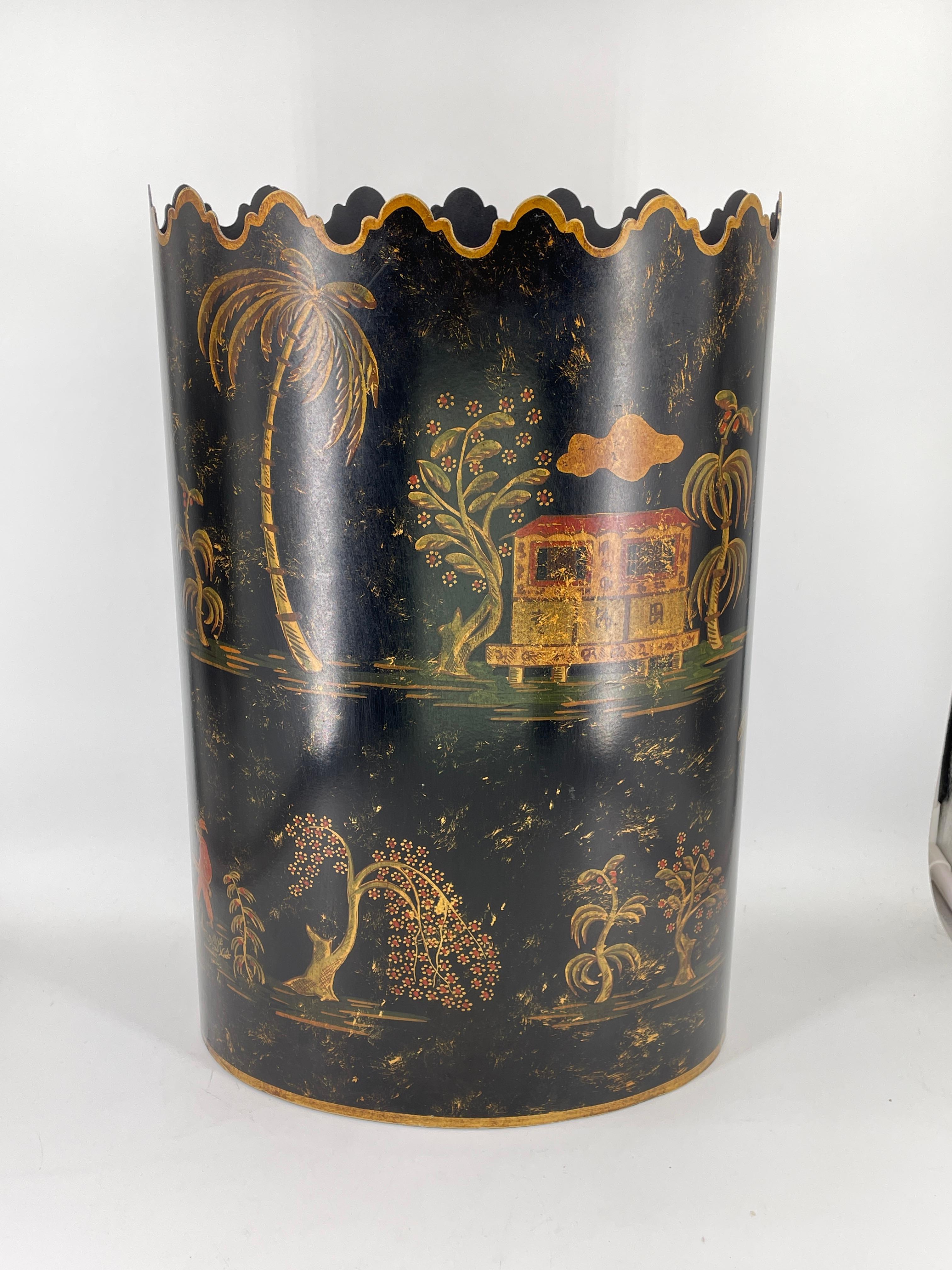 Bergdorf Goodman Italian Painted Trash Can Maximalist Chinoiserie Vintage For Sale 1