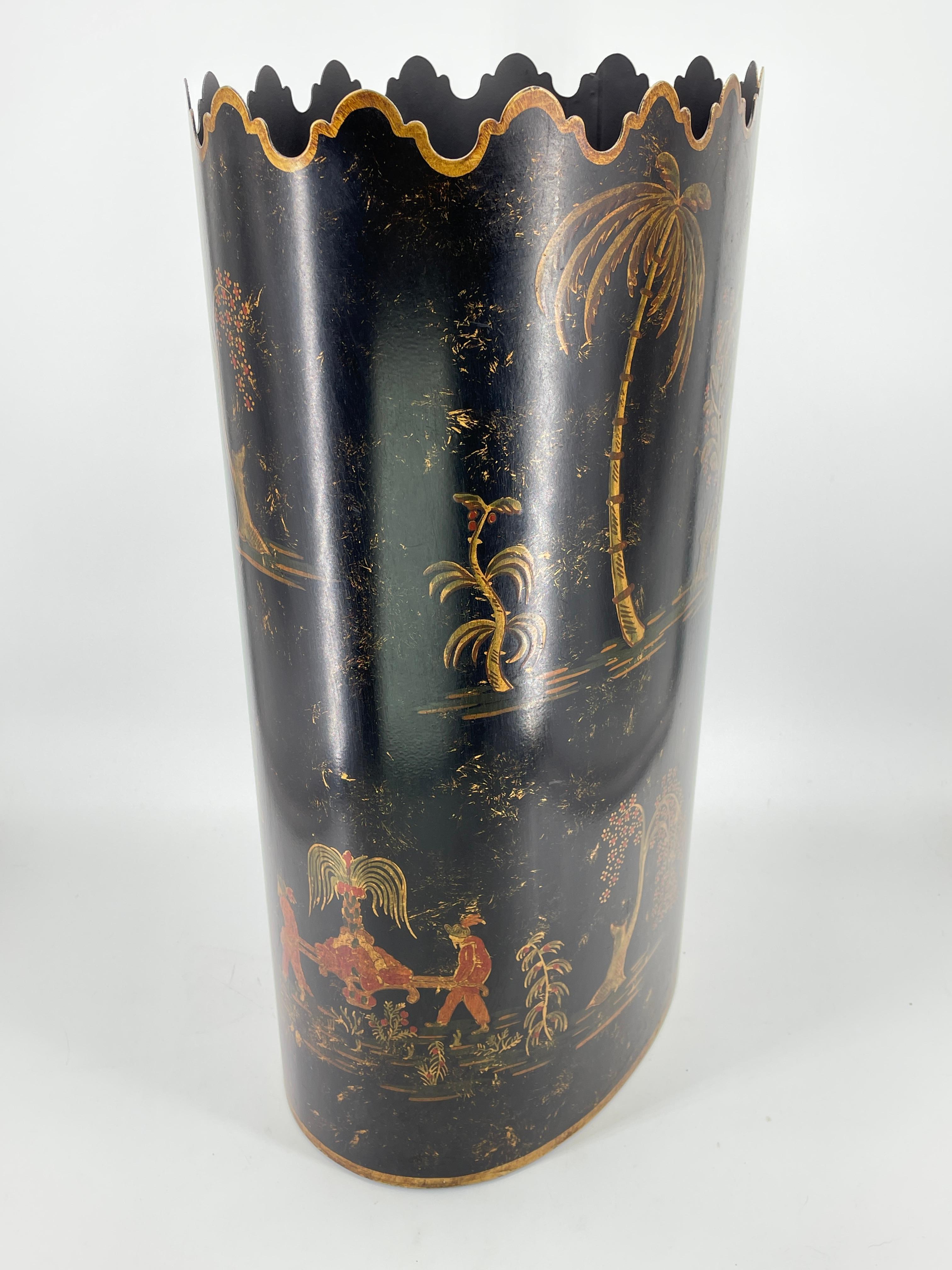 Bergdorf Goodman Italian Painted Trash Can Maximalist Chinoiserie Vintage For Sale 2