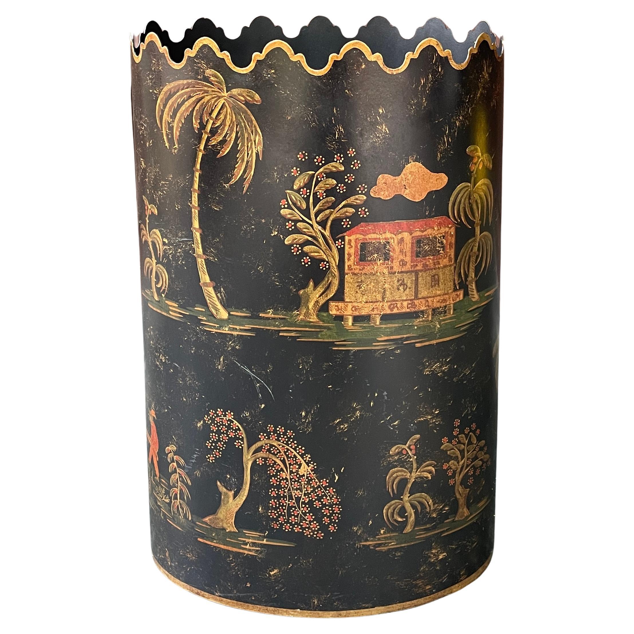 Bergdorf Goodman Italian Painted Trash Can Maximalist Chinoiserie Vintage