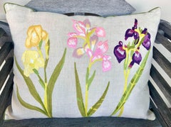 Bergdorf Goodman Linen Pillow with Embroidered Iris, Never Used