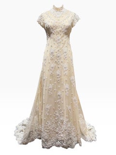 Bergdorf Goodman on the Plaza Ivory Lace Bridal Gown + Juliet Cap Veil Set, 1976
