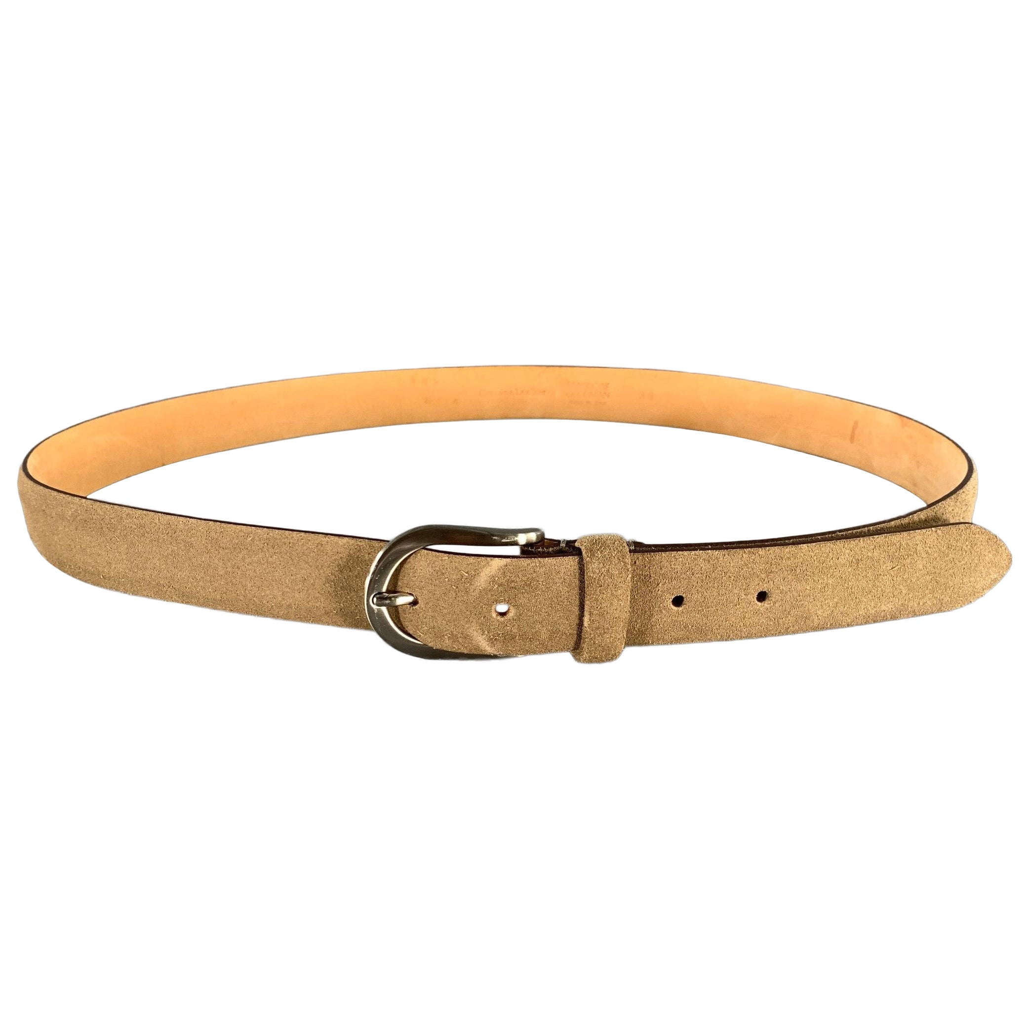 Pre-owned Bergdorf Goodman Size 38 Khaki Solid Suede Belt In Beige