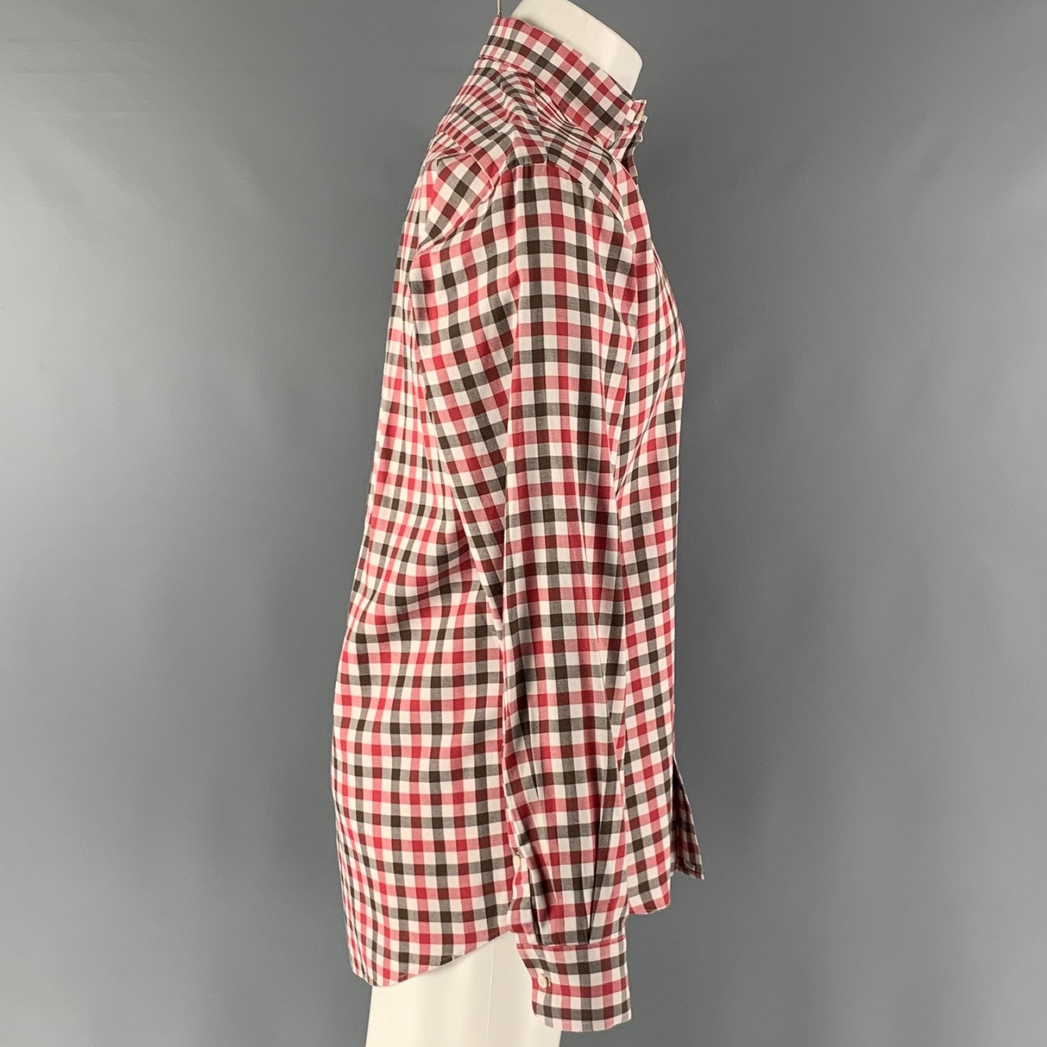 BERGDORF GOODMAN Tailored Fit long sleeve shirt comes in brown, red and white checkered cotton printed woven material featuring a button down collar, button up closure. Made in Italy.Excellent Pre-Owned Condition. 

Marked:   M 

Measurements: 
