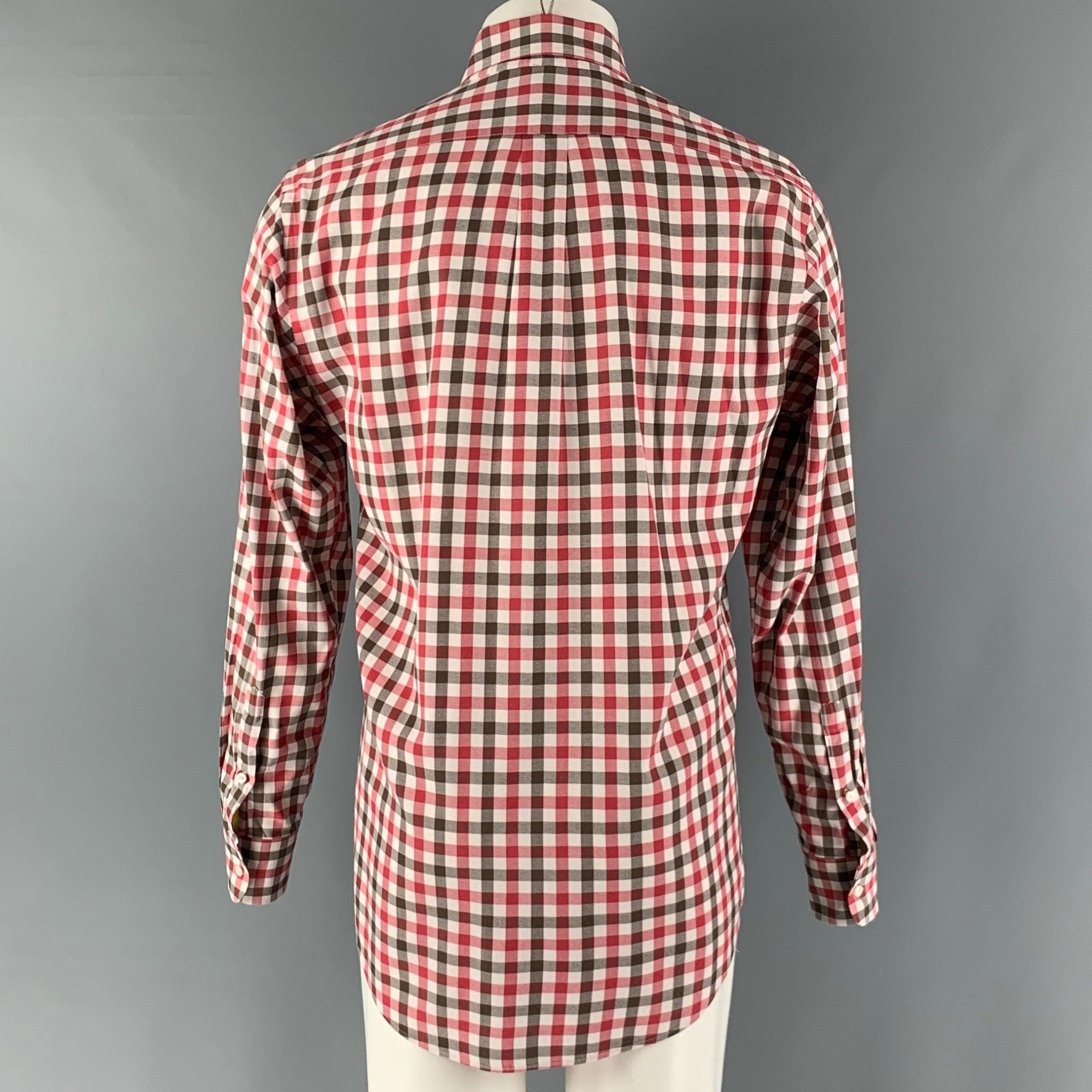 BERGDORF GOODMAN Size M Red White Brown Checkered Cotton Long Sleeve Shirt In Excellent Condition For Sale In San Francisco, CA
