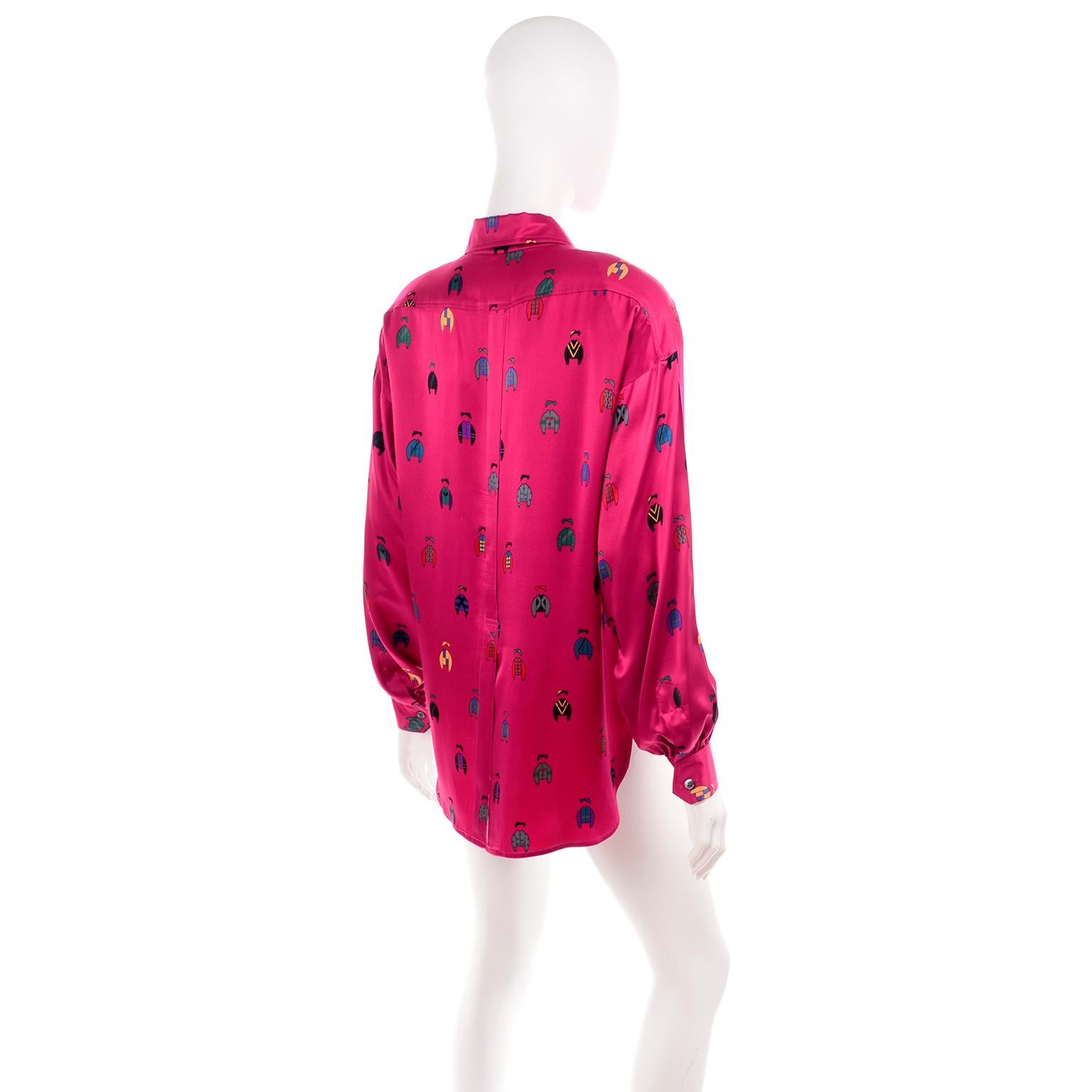 Bergdorf Goodman Vintage Fuchsia Pink Silk Blouse Novelty Print Jockey Blouse In Excellent Condition In Portland, OR