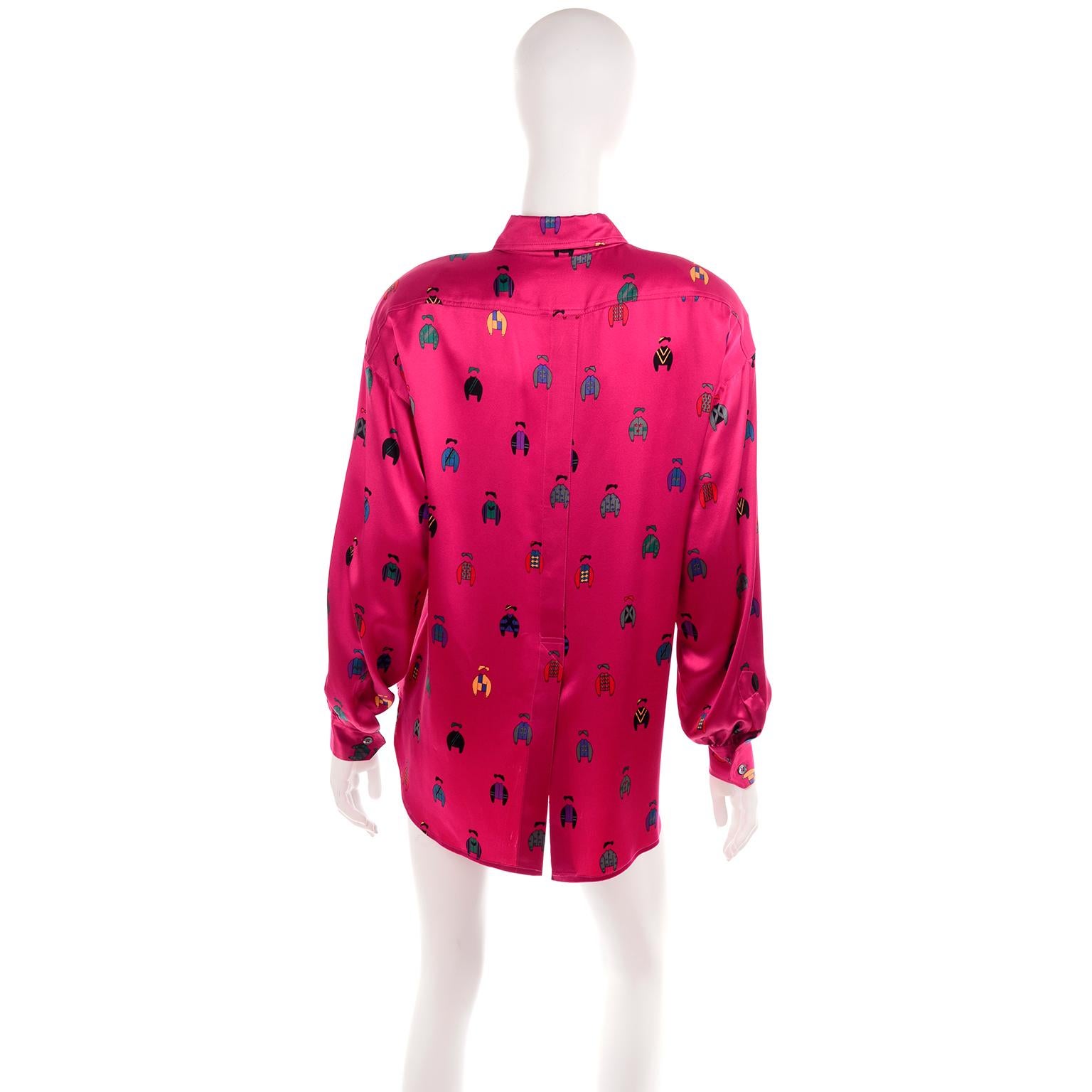 Men's Bergdorf Goodman Vintage Fuchsia Pink Silk Blouse Novelty Print Jockey Blouse