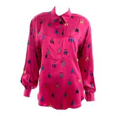 Bergdorf Goodman Vintage Fuchsia Pink Silk Blouse Novelty Print Jockey Blouse