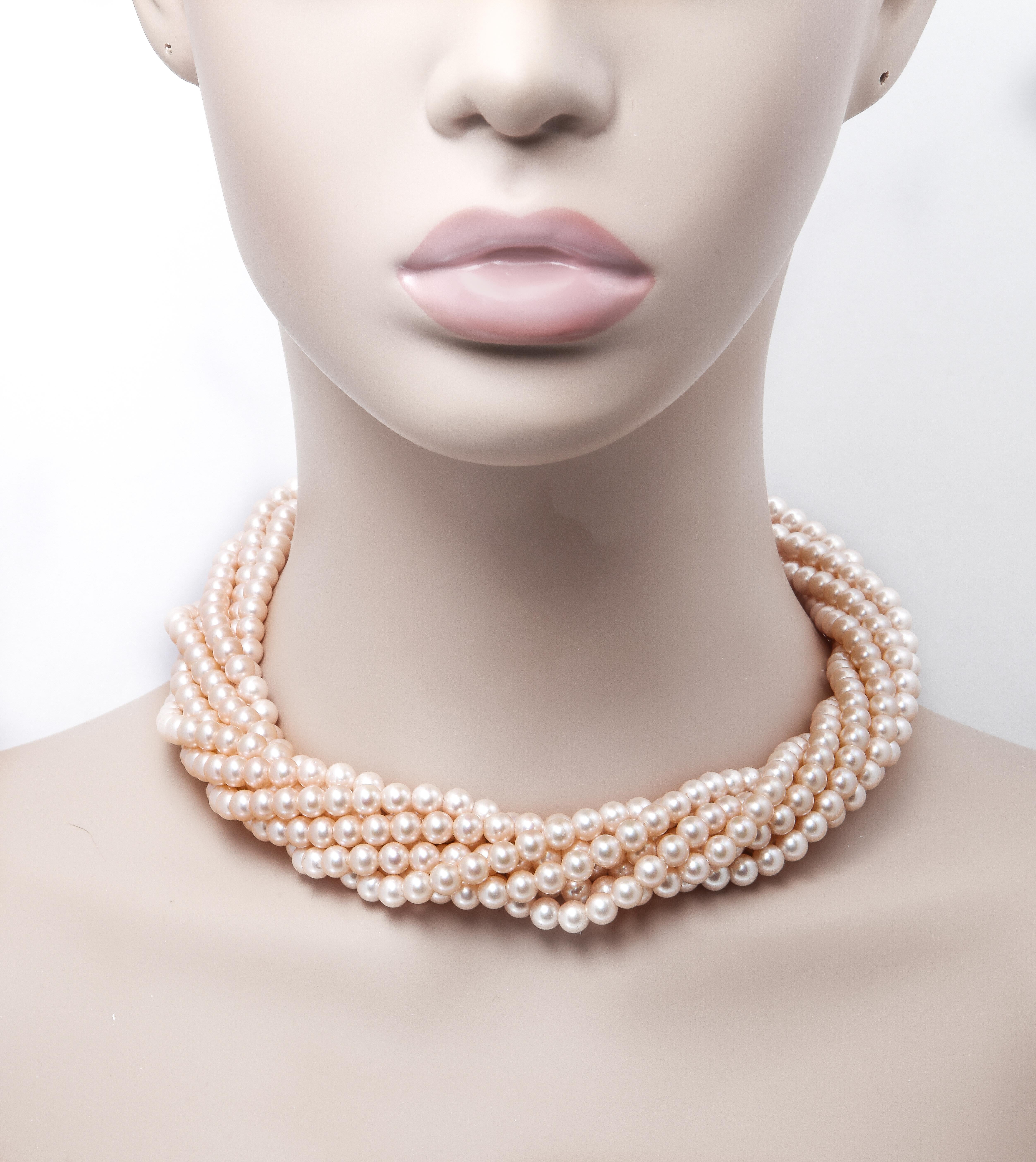 Art Deco Tiffany Style  Diamante Vintage Handmade Faux Pearls Sterling Twist Necklace For Sale