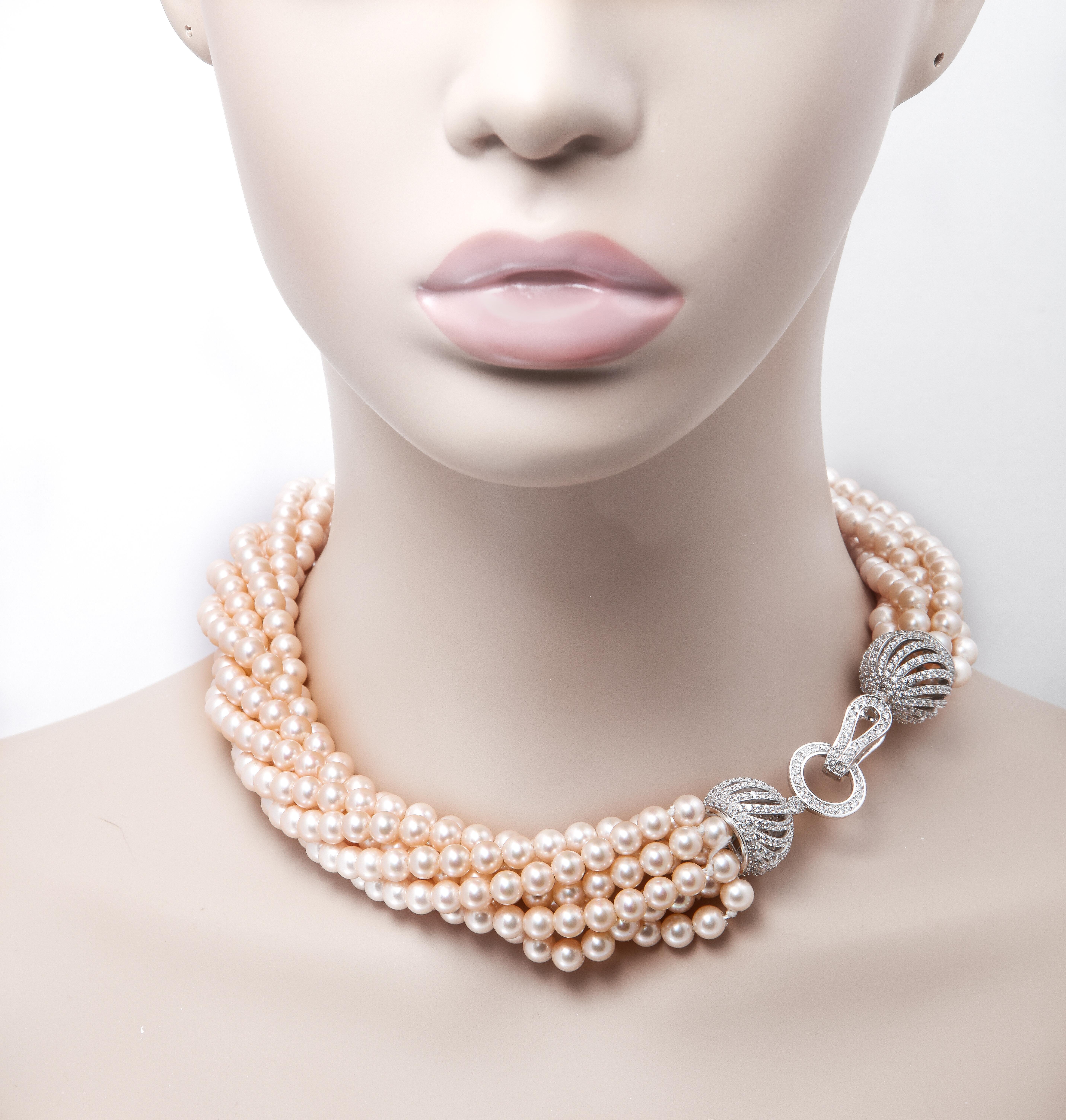 Bead Tiffany Style  Diamante Vintage Handmade Faux Pearls Sterling Twist Necklace For Sale