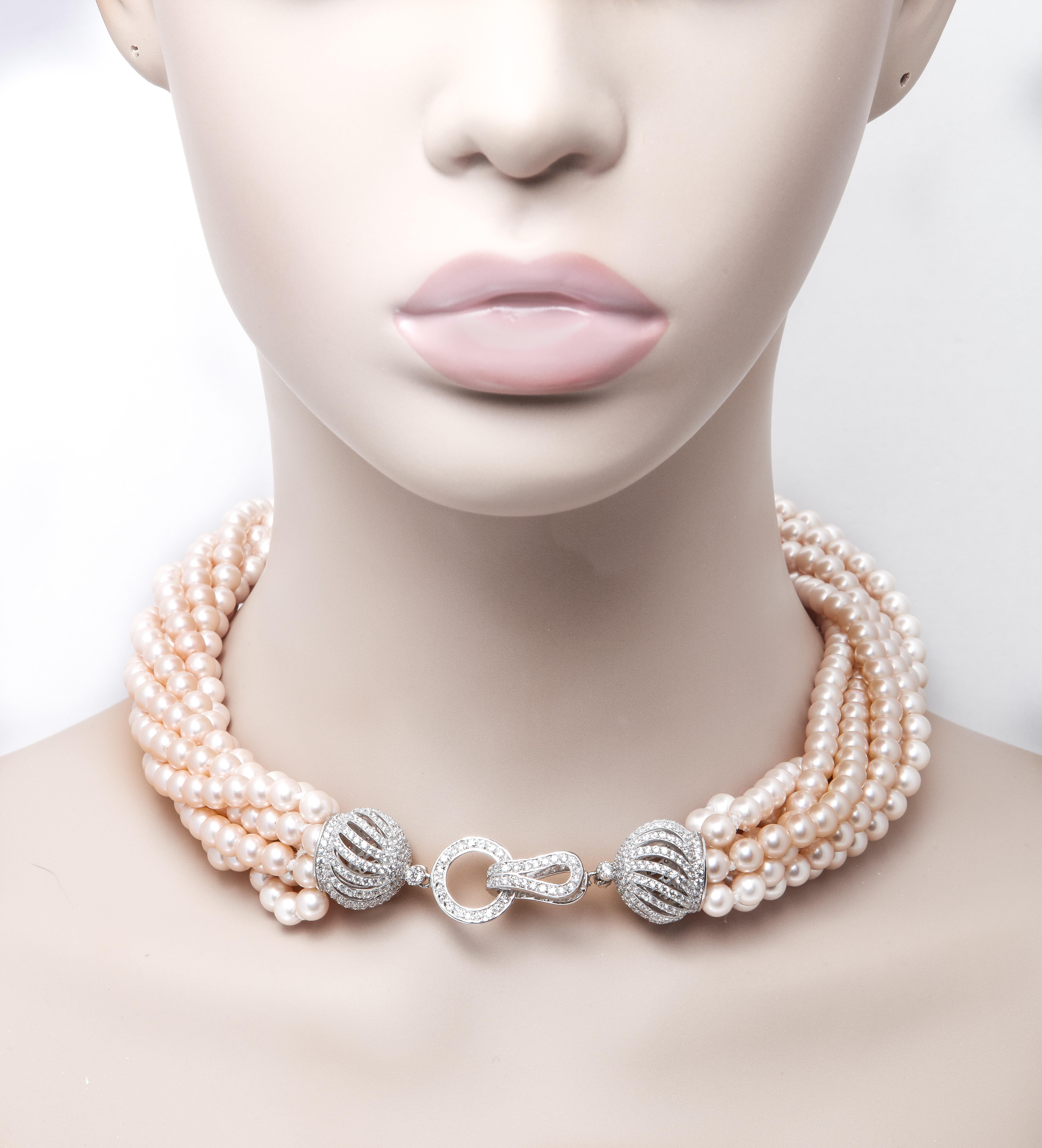 Tiffany Style  Diamante Vintage Handmade Faux Pearls Sterling Twist Necklace In New Condition For Sale In New York, NY