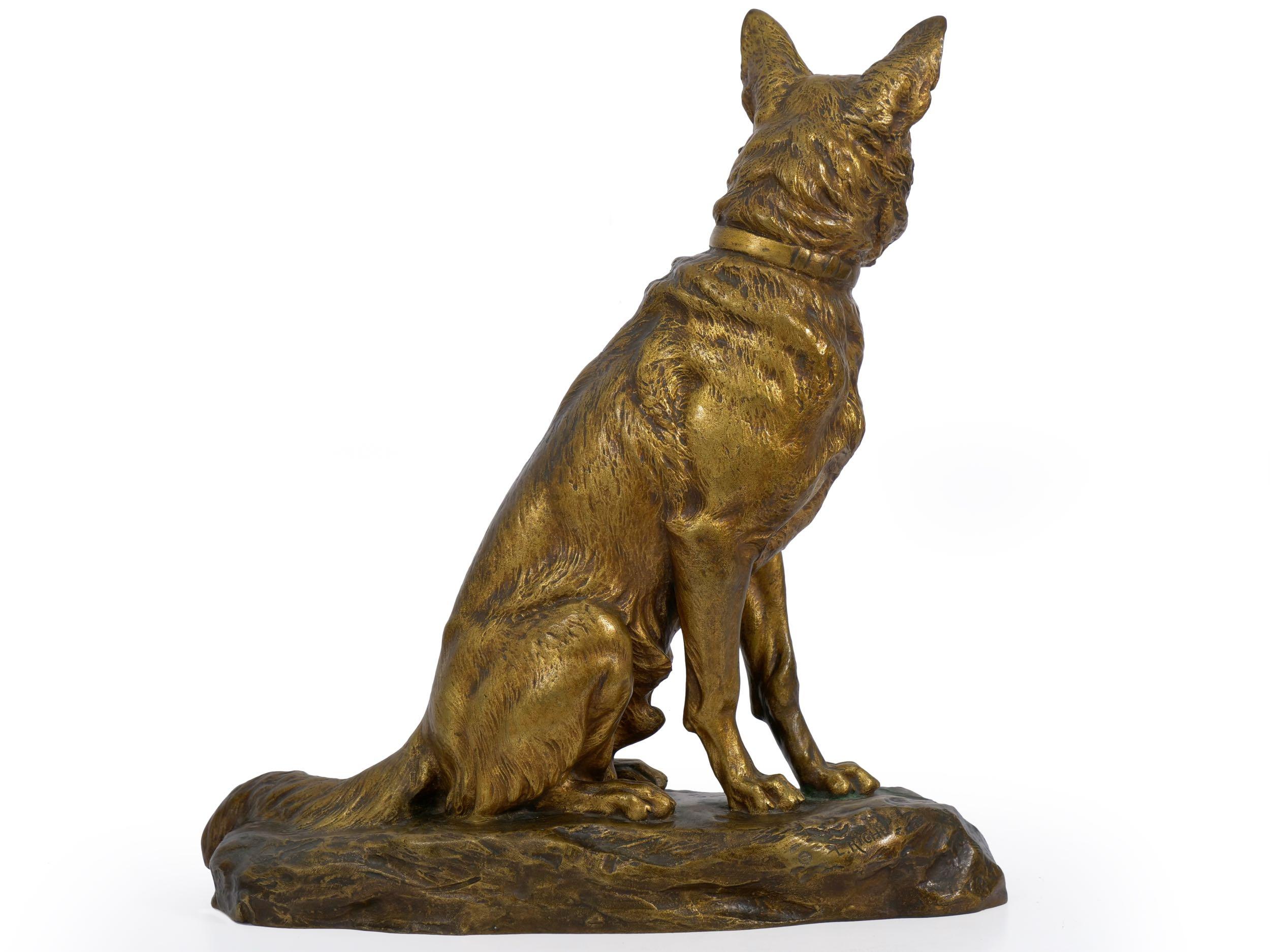 A fine gilt and patinated bronze sculpture that captures the figure of an Alsatian, often noted in literature as a German Shepherd. He is situated with an alert and friendly profile while seated over a rocky naturalistic base. The complex patina is
