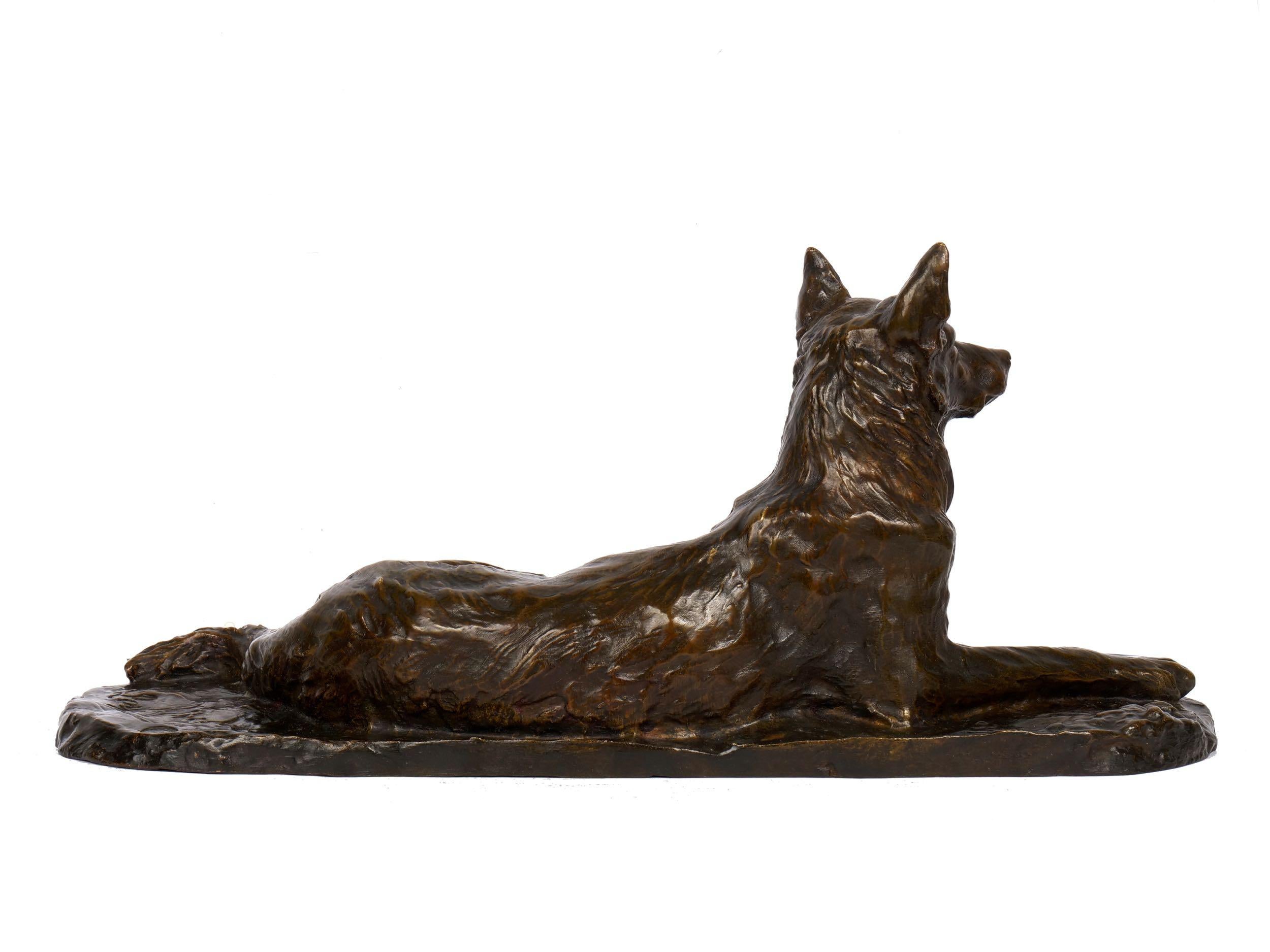 French “Berger Allemand Couché” 'German Shepherd' Bronze Sculpture by Albert Laplanche