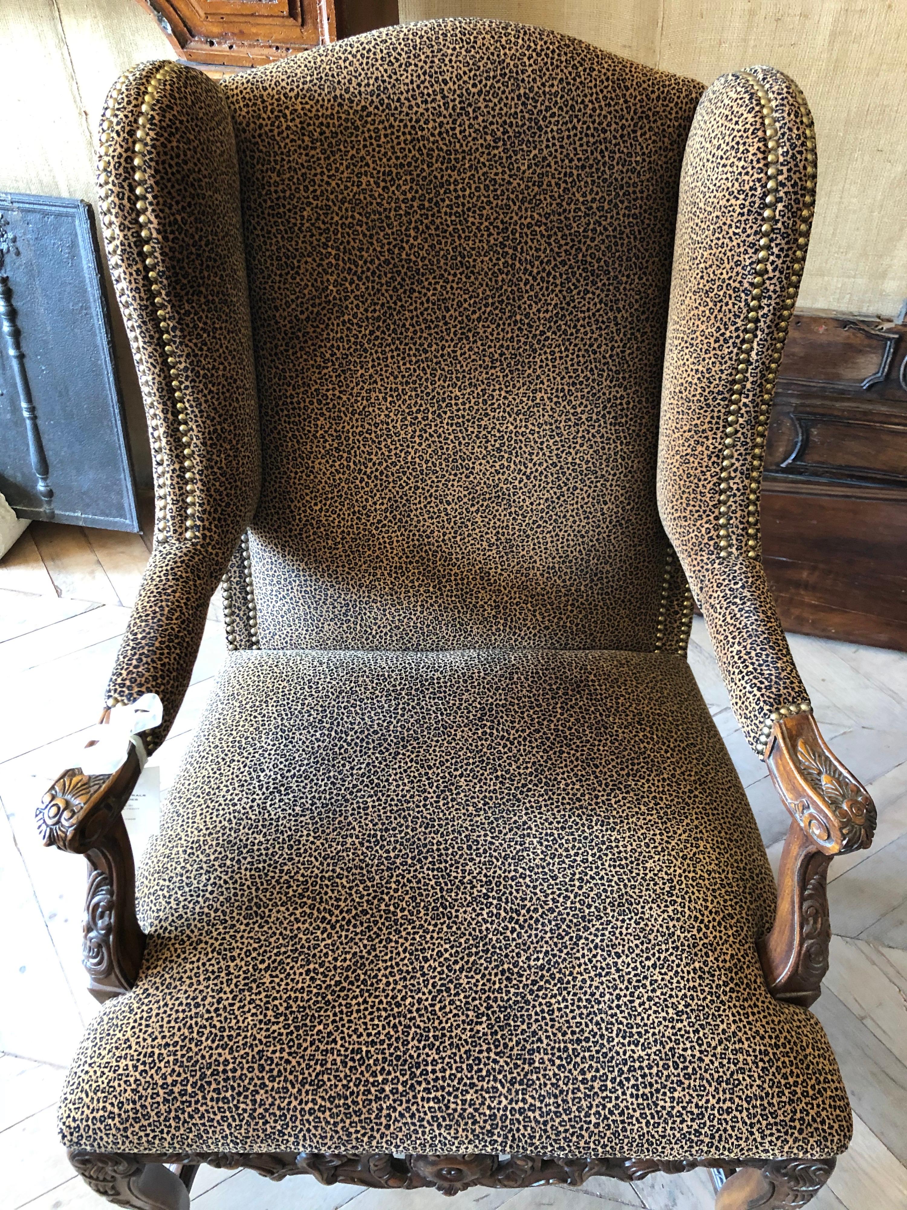 French Late 19th Century Louis XVI Wingback Chair With Leopard Upholstery