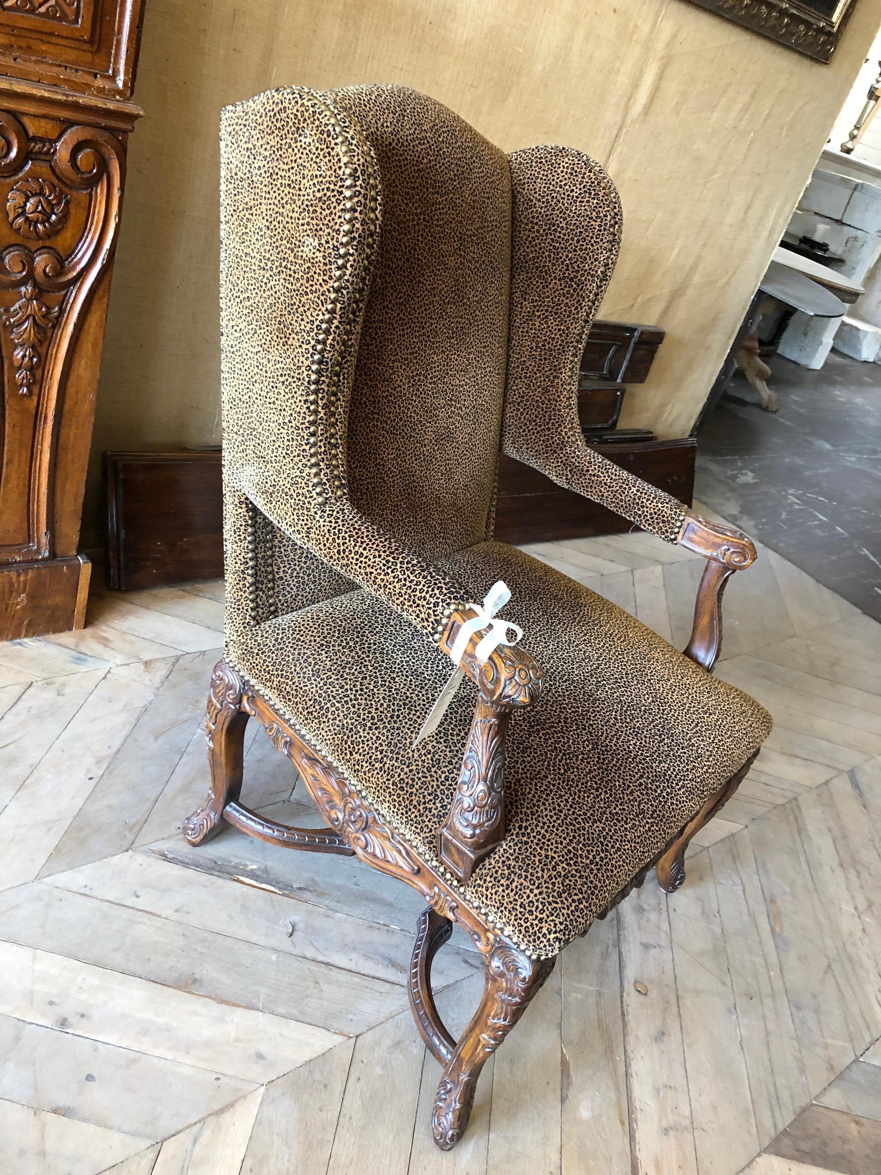 Wood Late 19th Century Louis XVI Wingback Chair With Leopard Upholstery