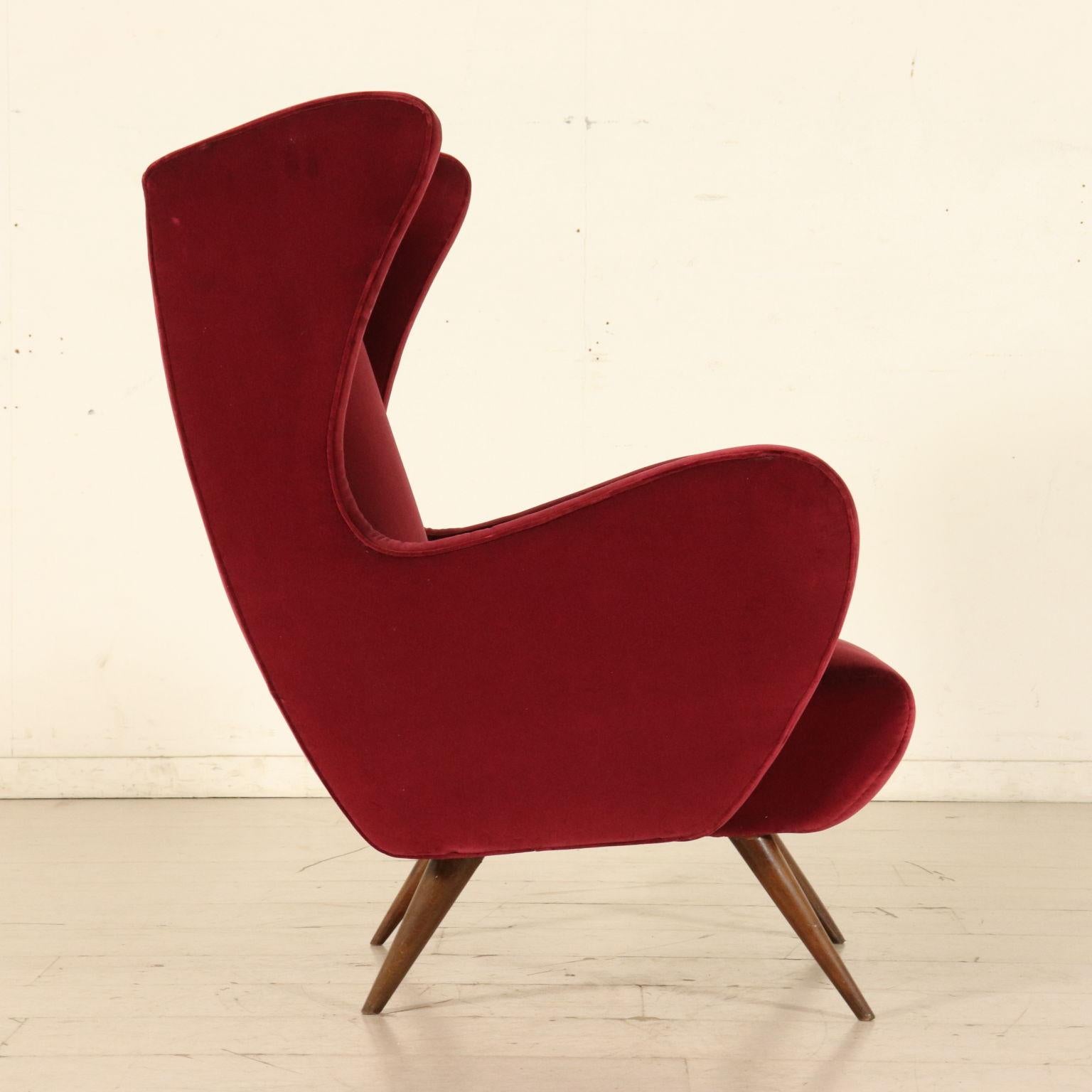 Mid-Century Modern Bergère Armchair Foam Velvet Wood Vintage, Italy, 1950s