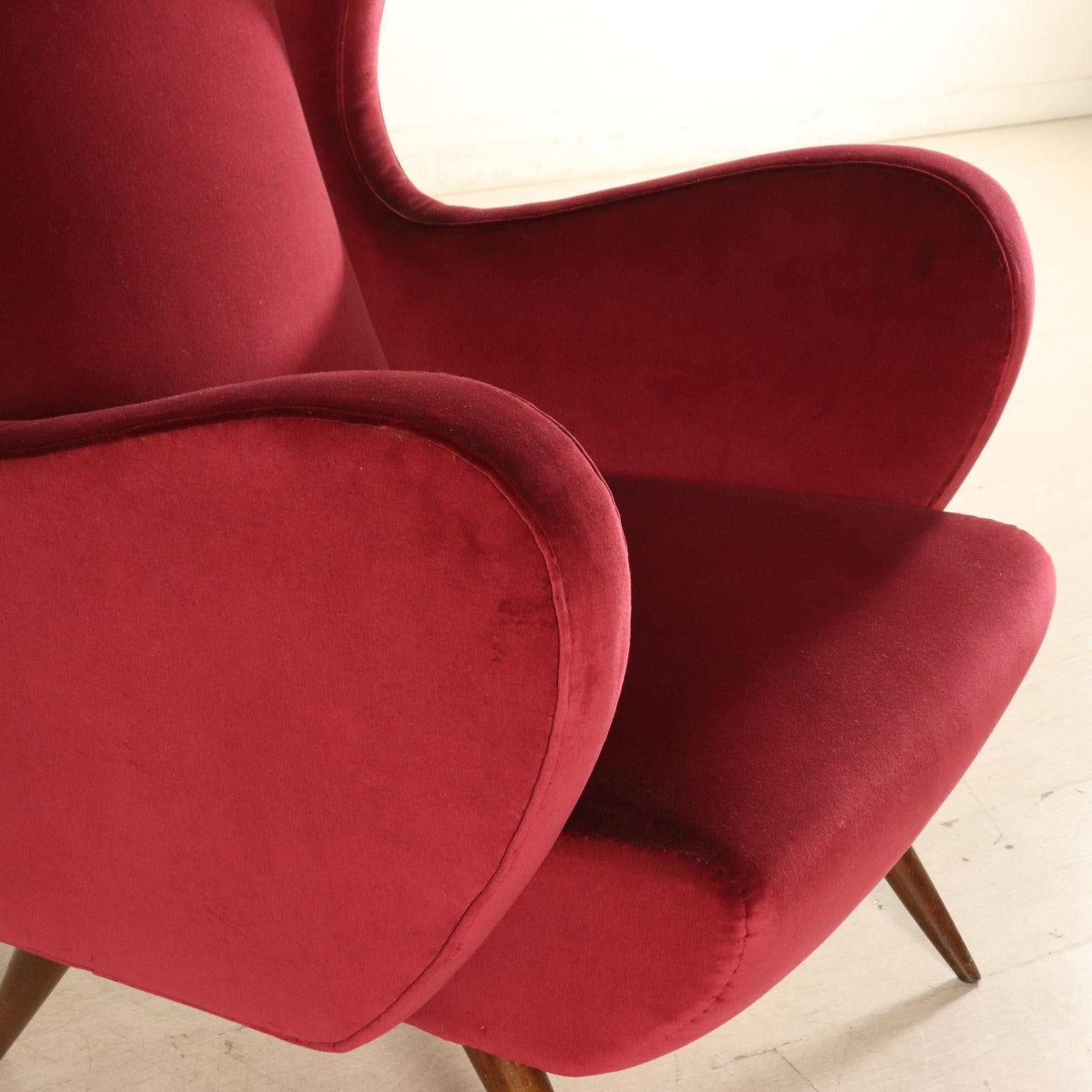 Mid-20th Century Bergère Armchair Foam Velvet Wood Vintage, Italy, 1950s