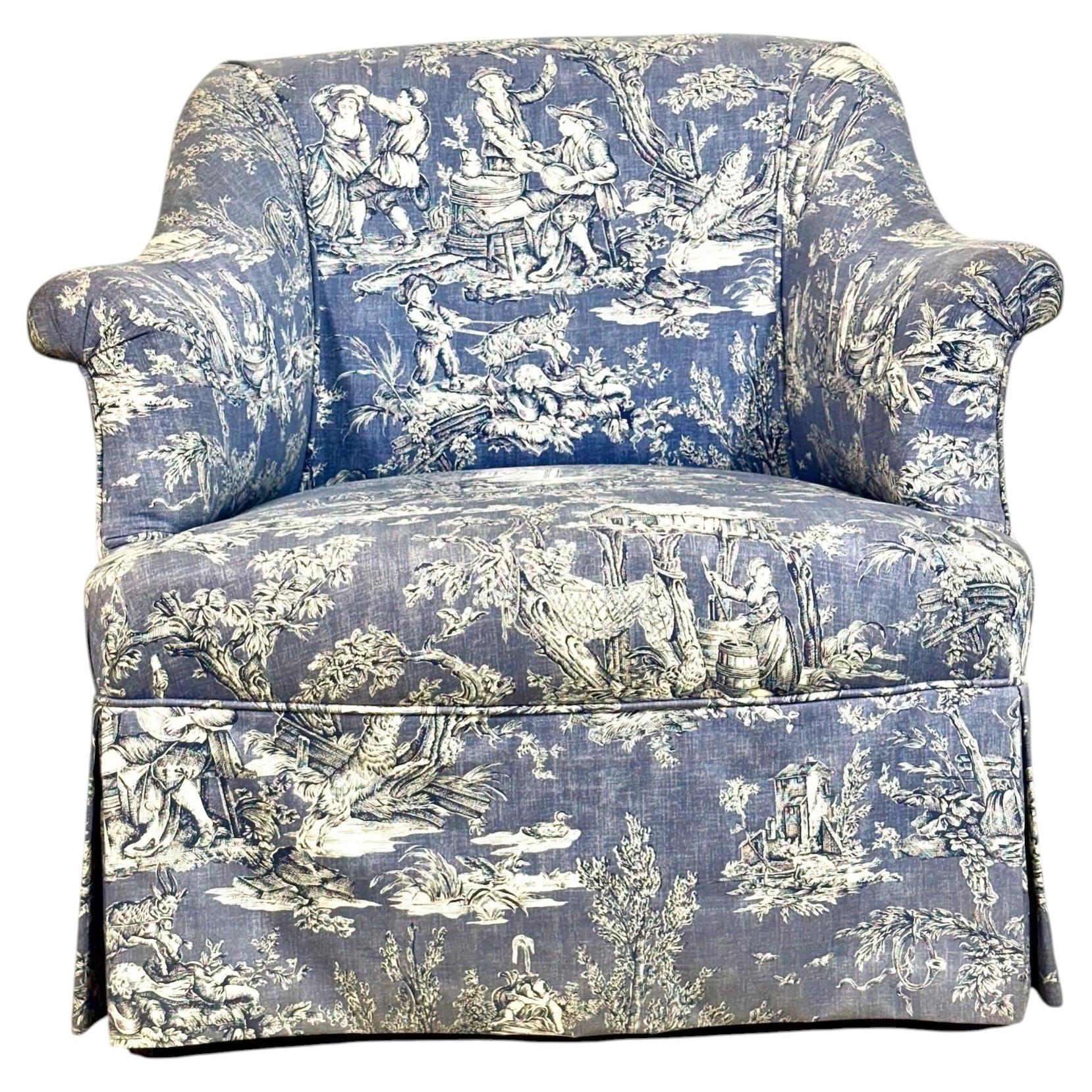 Bergère Armchair in Blue Toile de Jouy Upholstery, France 19th Century