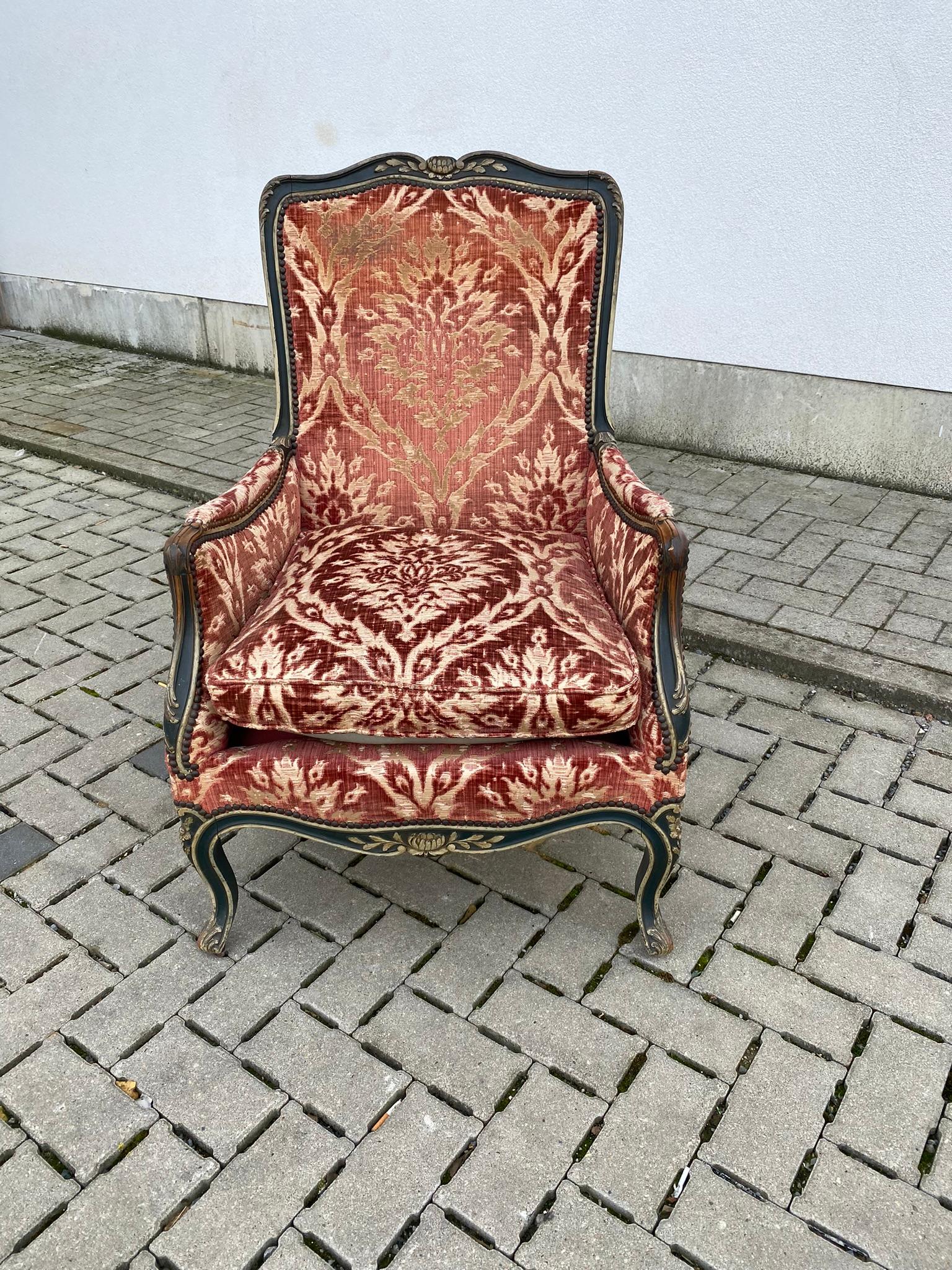 European Bergere armchair in Louis XV style, in painted and patinated wood, Napoleon III  For Sale